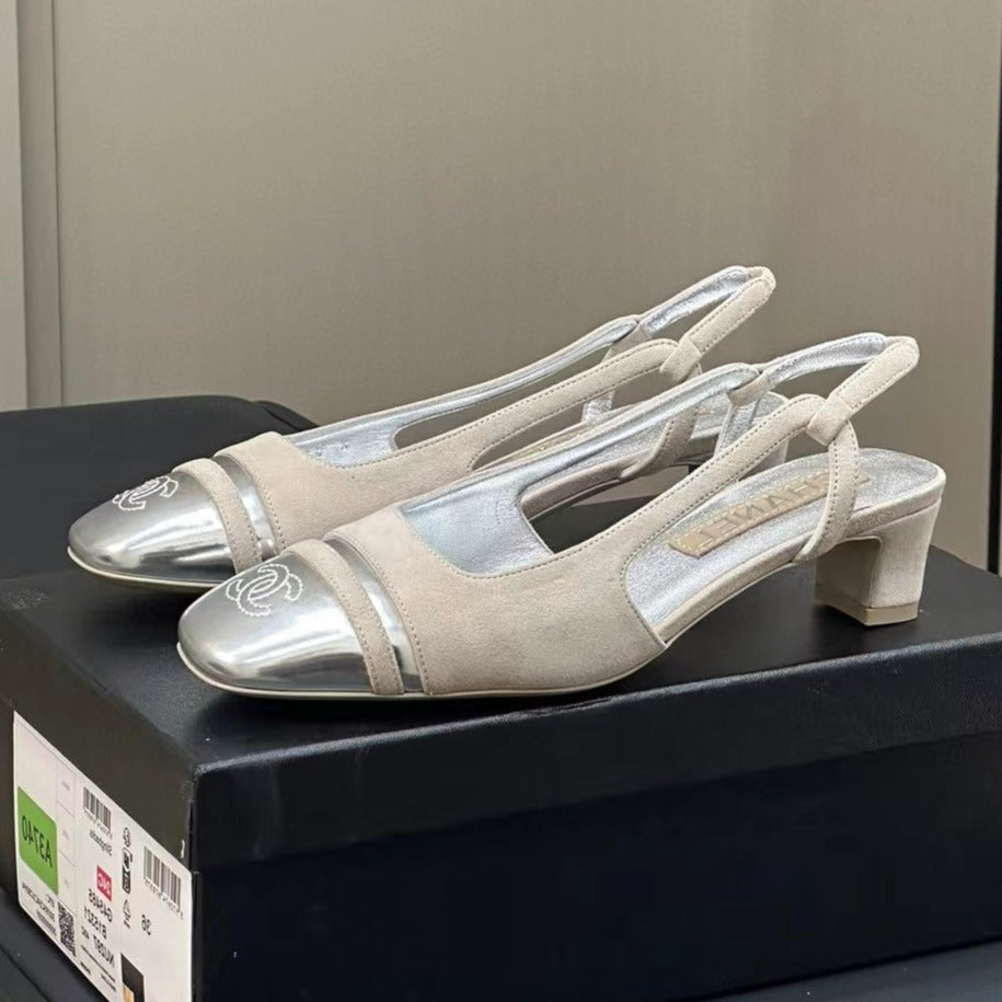 CHANEL SLINGBACKS IN GREY SUEDE AND SILVER LAMBSKIN