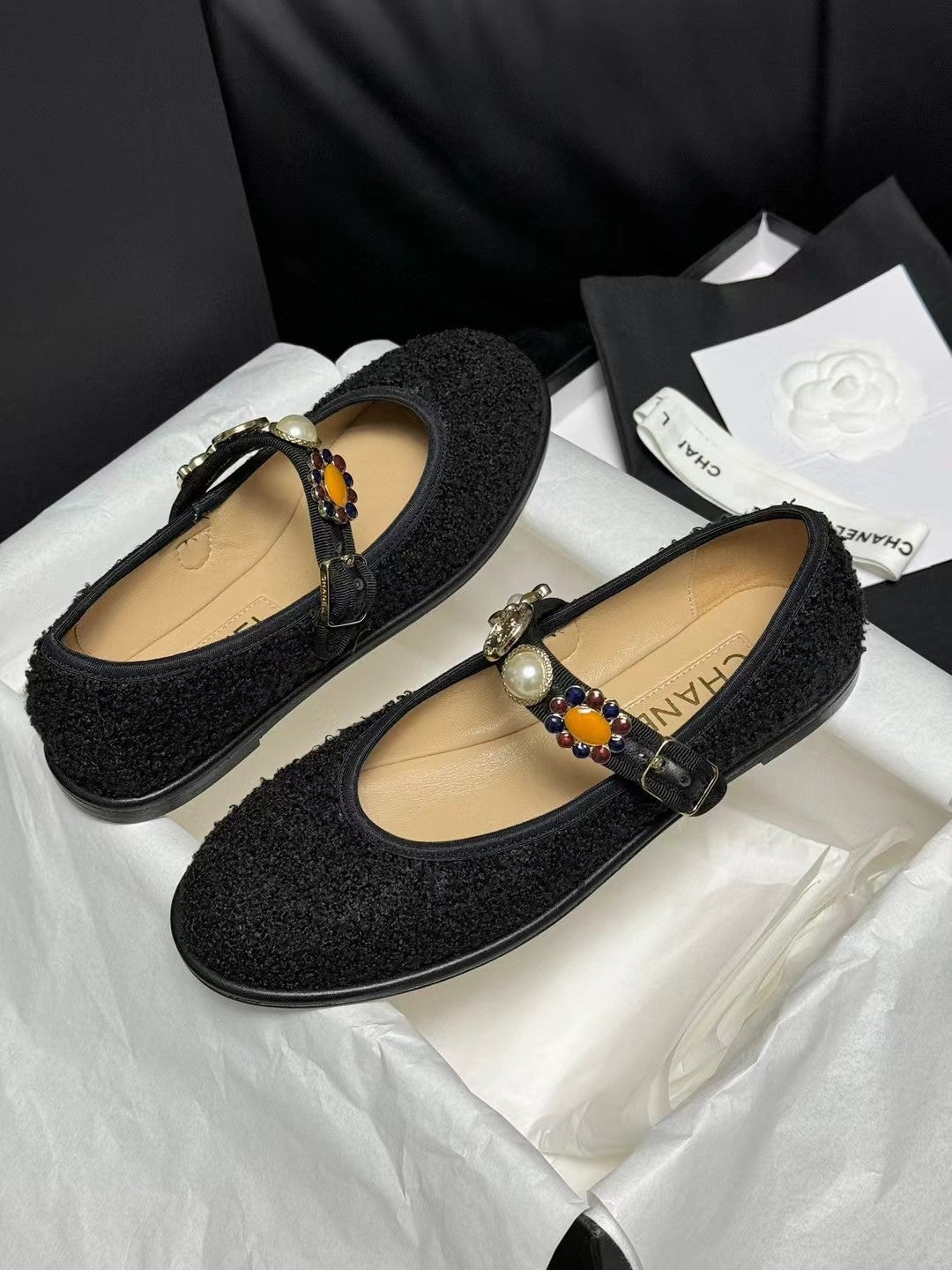 CHANEL MARY JANES BLACK WOOL TWEED AND FABRIC