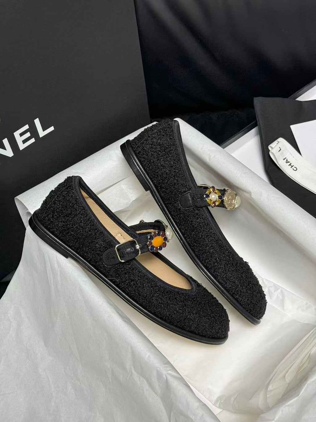 CHANEL MARY JANES BLACK WOOL TWEED AND FABRIC