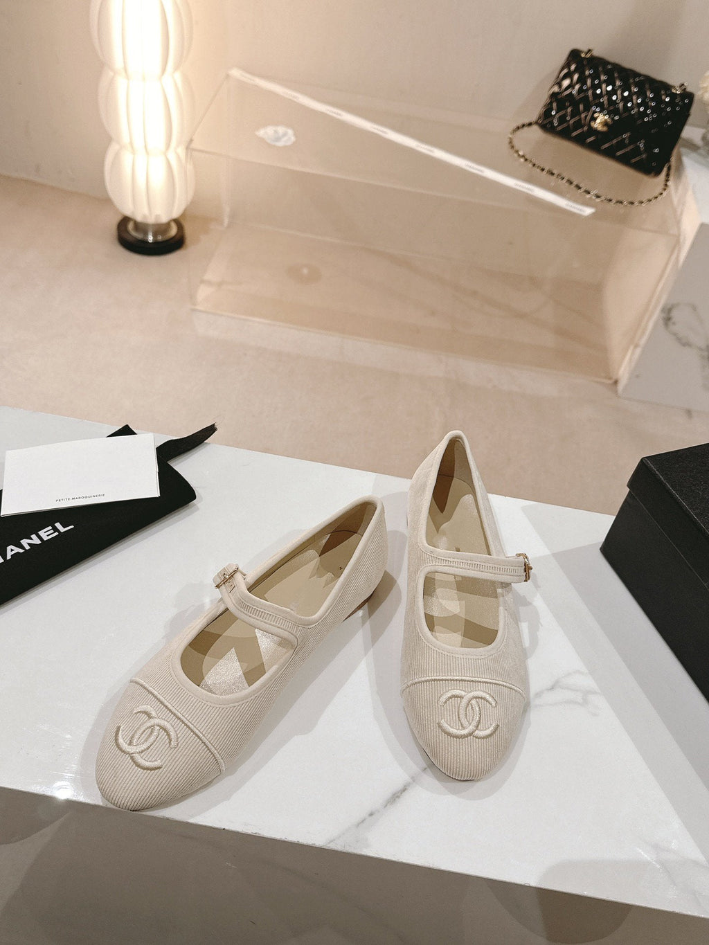 CHANEL mary jane flat light pink corduroy
