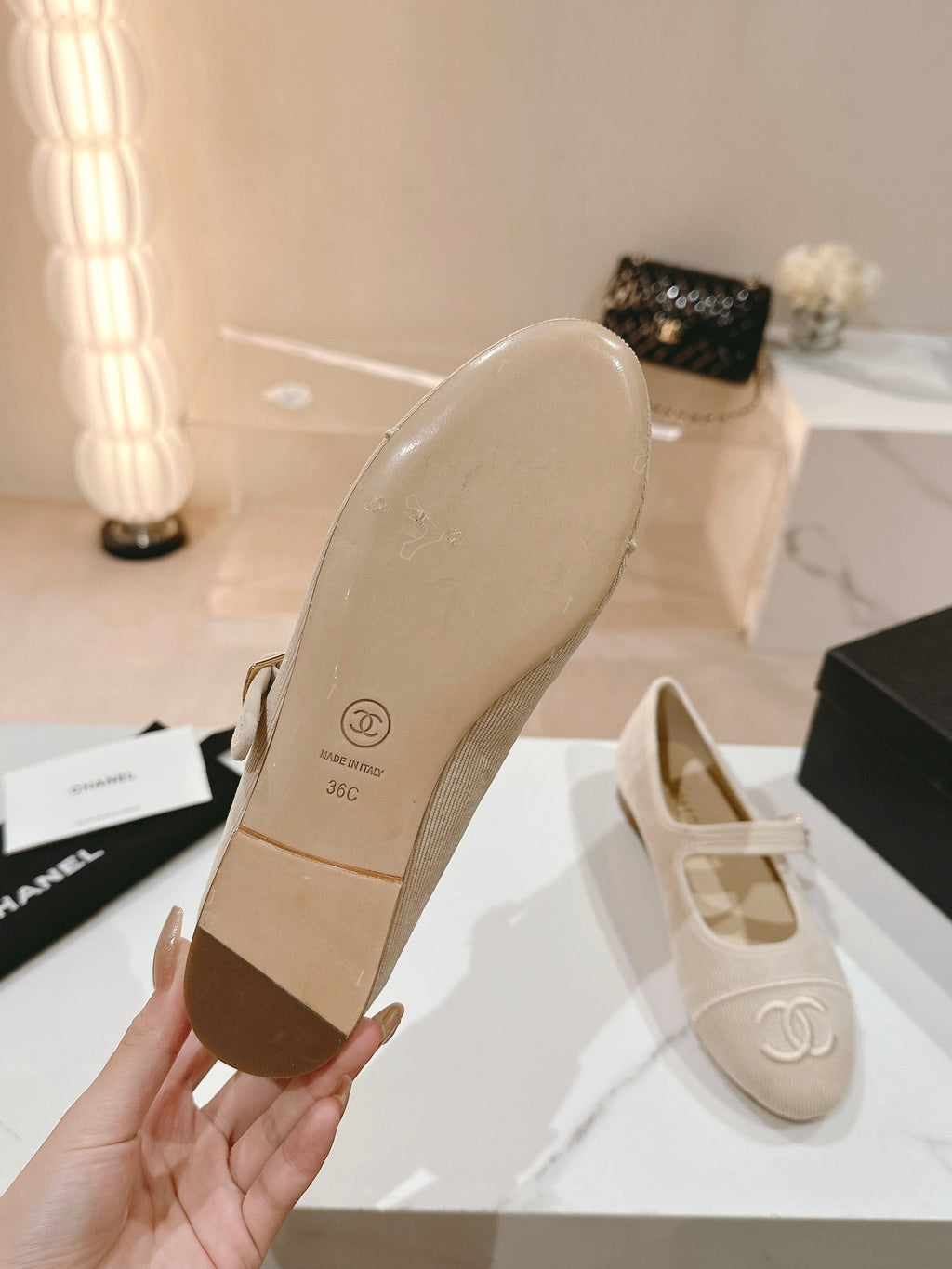 CHANEL mary jane flat light pink corduroy