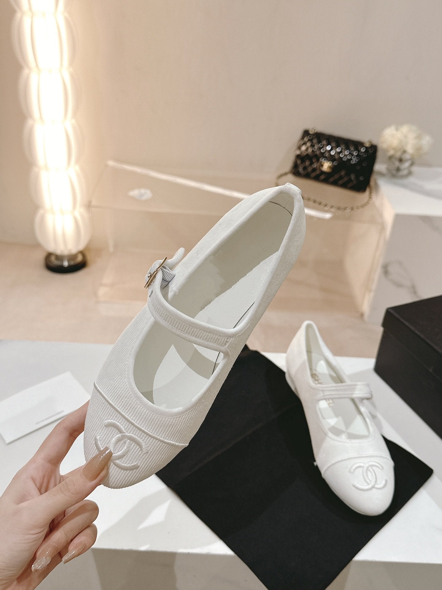 CHANEL mary jane flat white corduroy