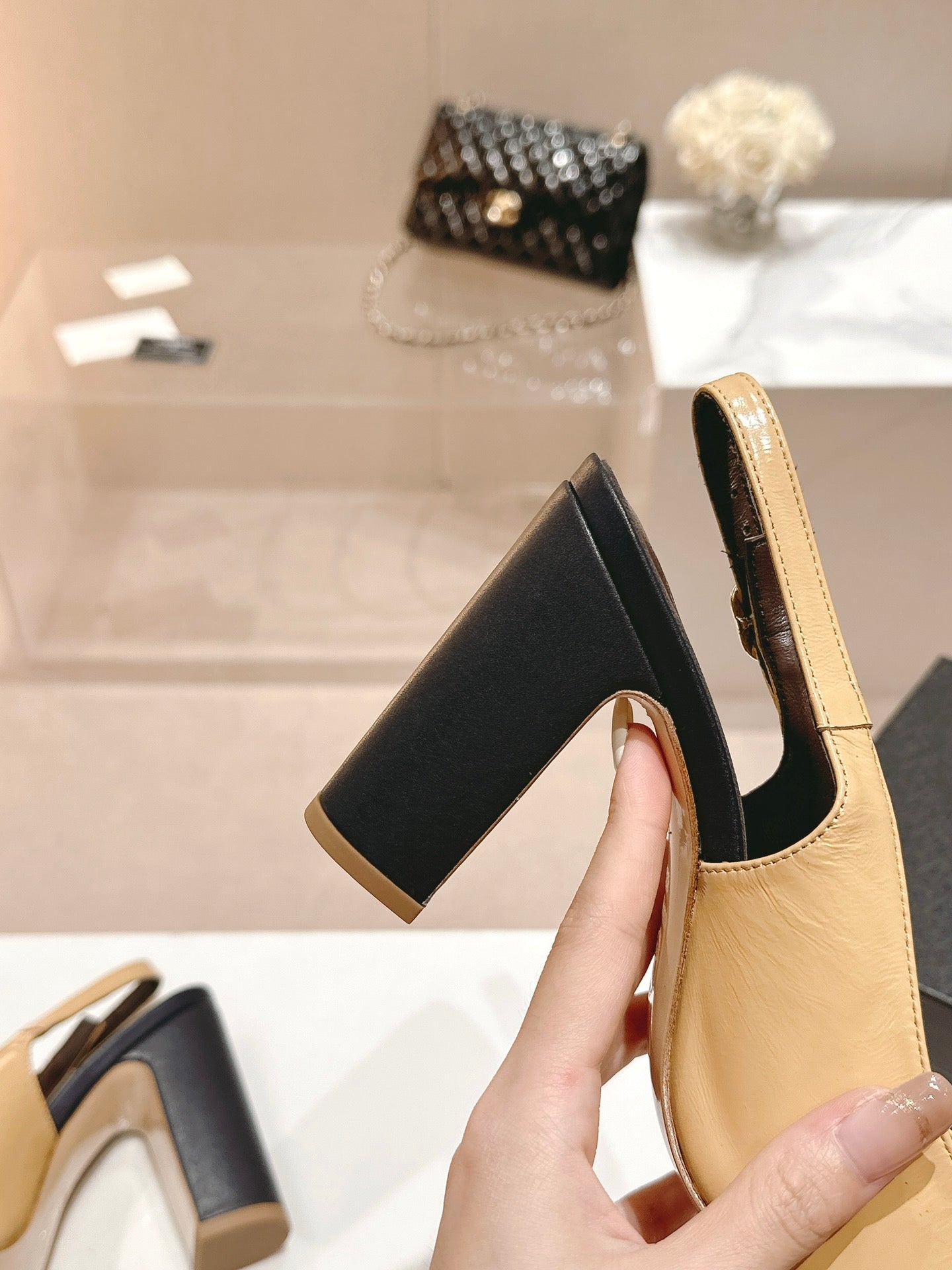 CHANEL HIGH SLINGBACKS PEANUT BROWN MIX BLACK SHEEPSKIN