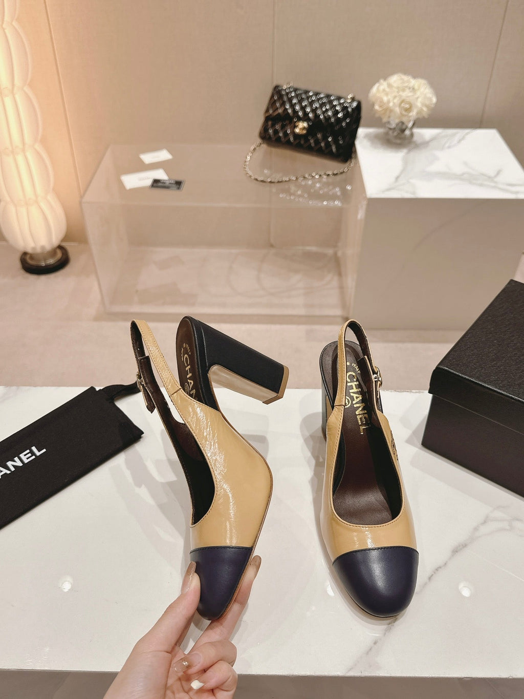 CHANEL HIGH SLINGBACKS PEANUT BROWN MIX BLACK SHEEPSKIN