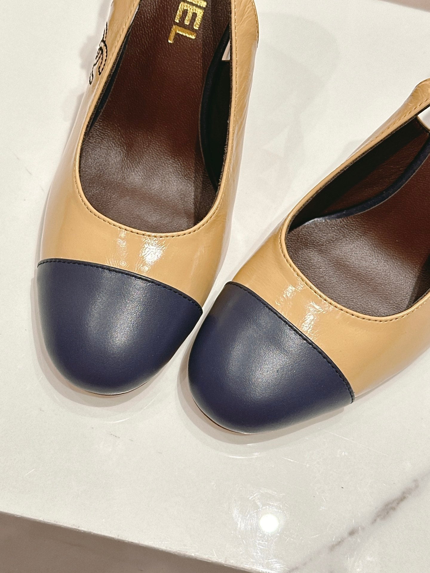 CHANEL HIGH SLINGBACKS PEANUT BROWN MIX BLACK SHEEPSKIN