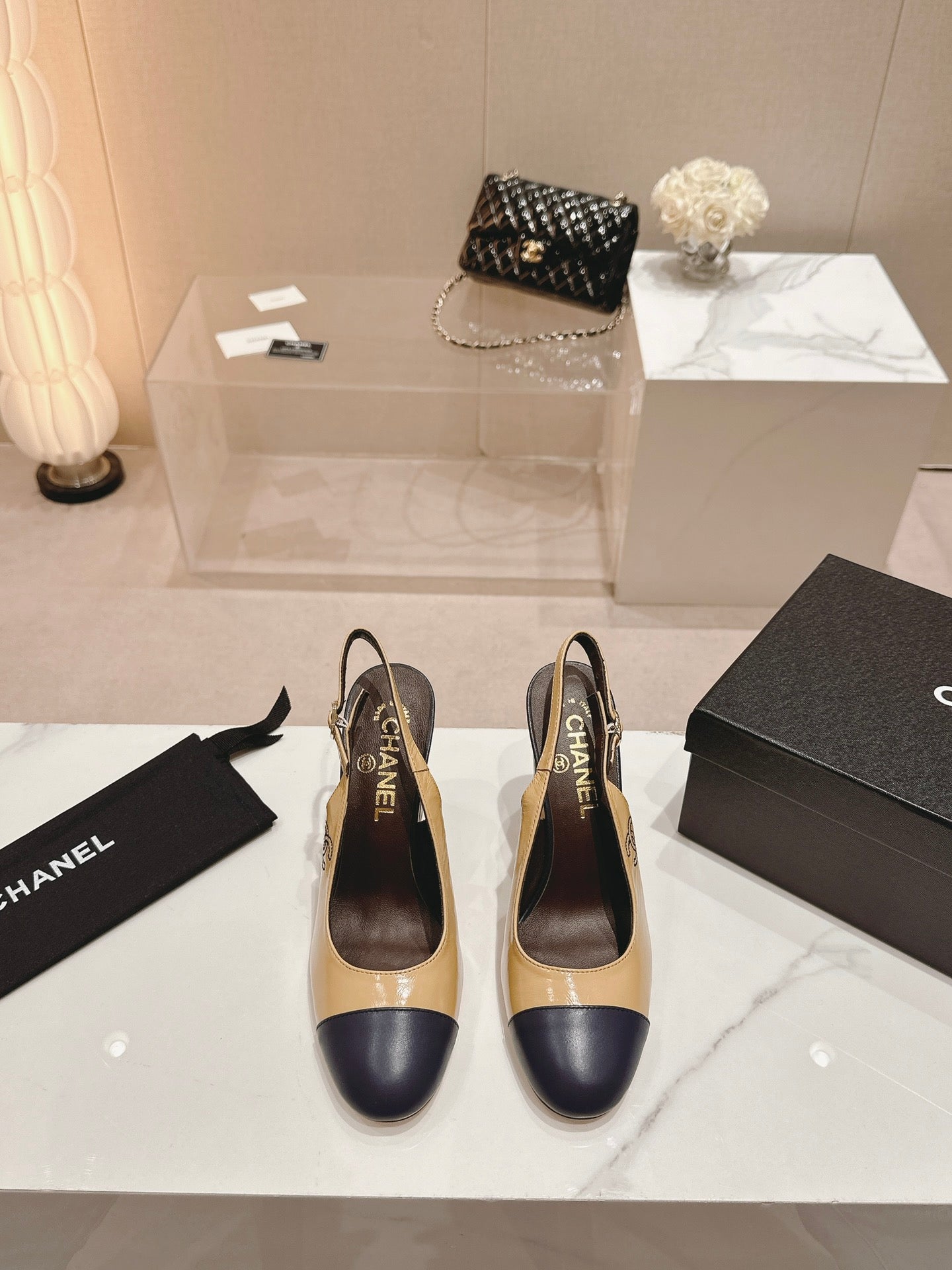 CHANEL HIGH SLINGBACKS PEANUT BROWN MIX BLACK SHEEPSKIN
