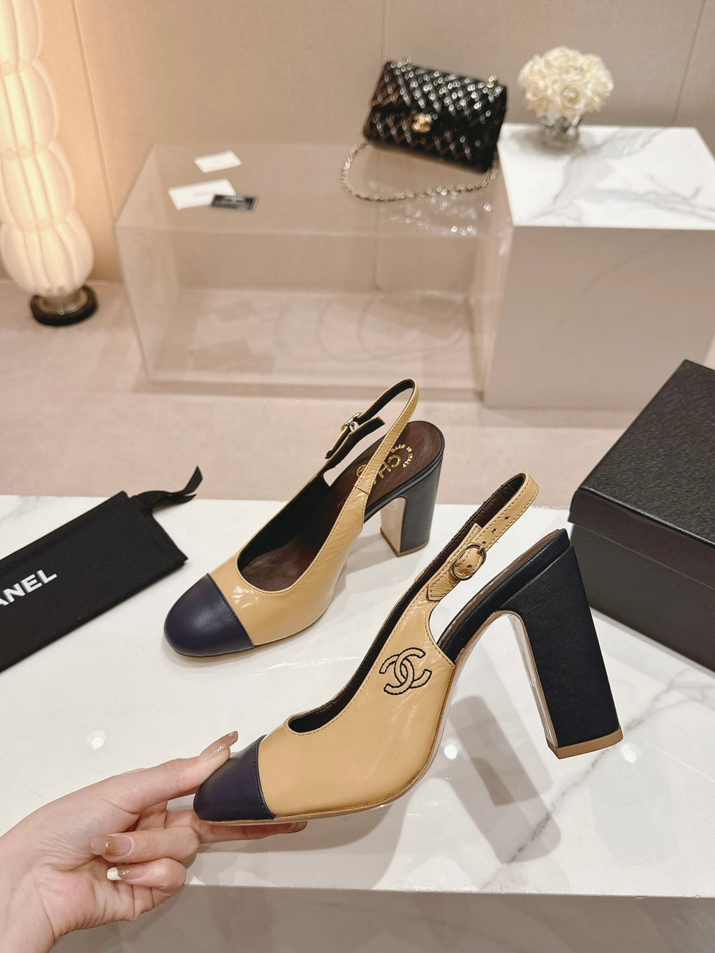 CHANEL HIGH SLINGBACKS PEANUT BROWN MIX BLACK SHEEPSKIN