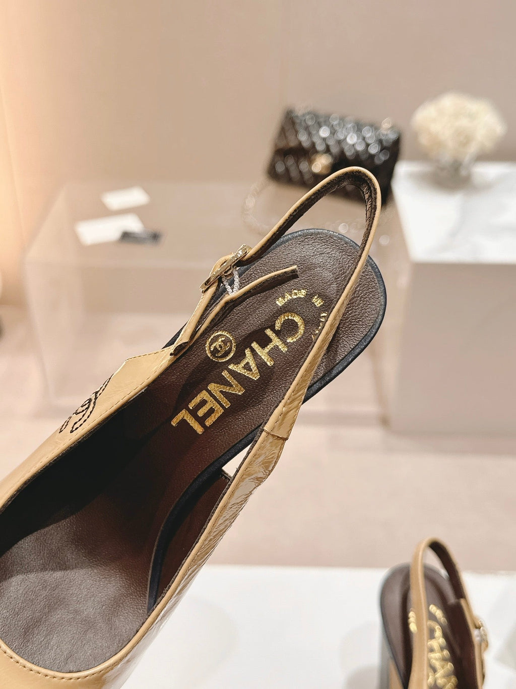 CHANEL HIGH SLINGBACKS PEANUT BROWN MIX BLACK SHEEPSKIN