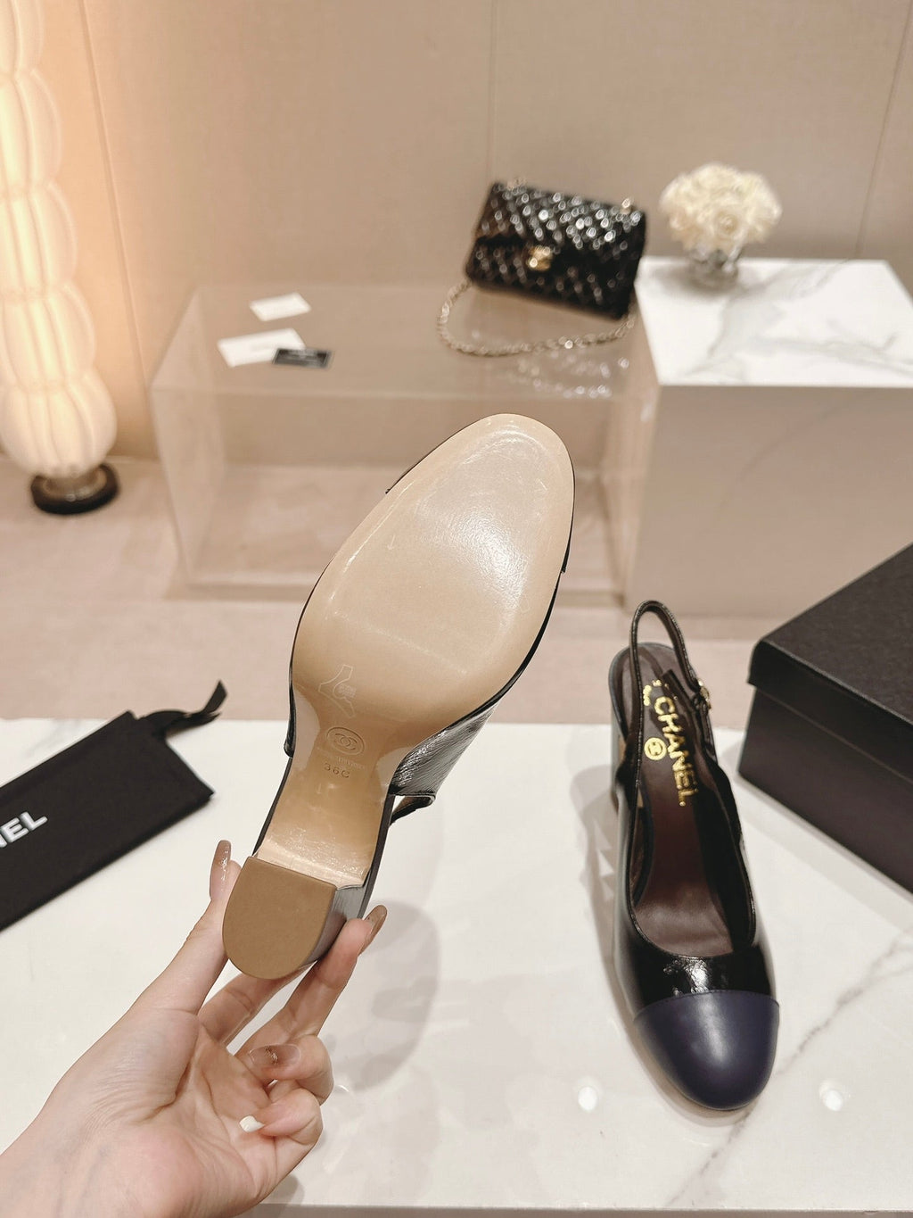 CHANEL HIGH SLINGBACKS BLACK MIX VIOLET SHEEPSKIN