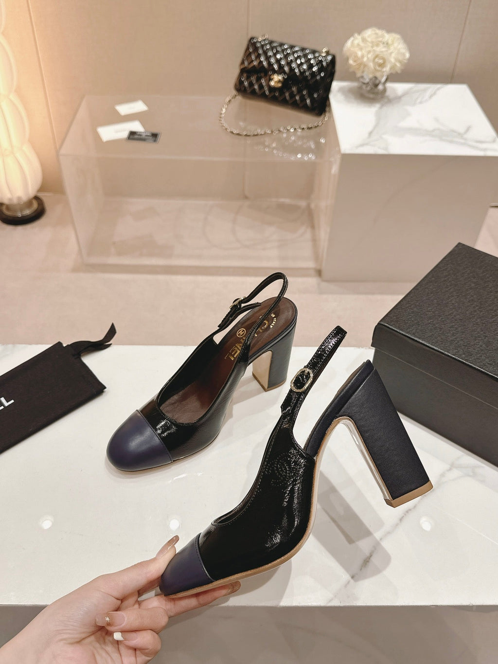 CHANEL HIGH SLINGBACKS BLACK MIX VIOLET SHEEPSKIN