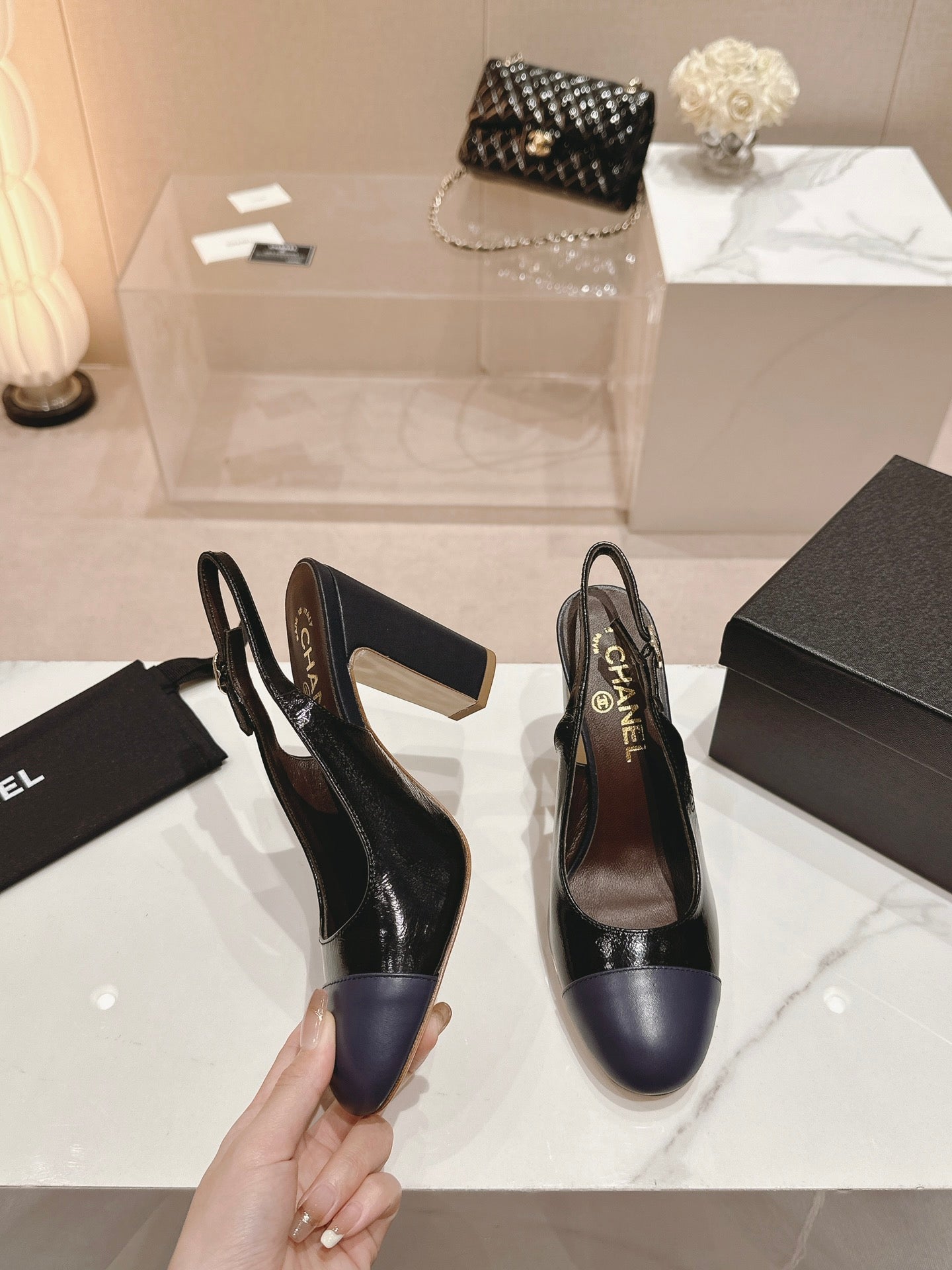 CHANEL HIGH SLINGBACKS BLACK MIX VIOLET SHEEPSKIN