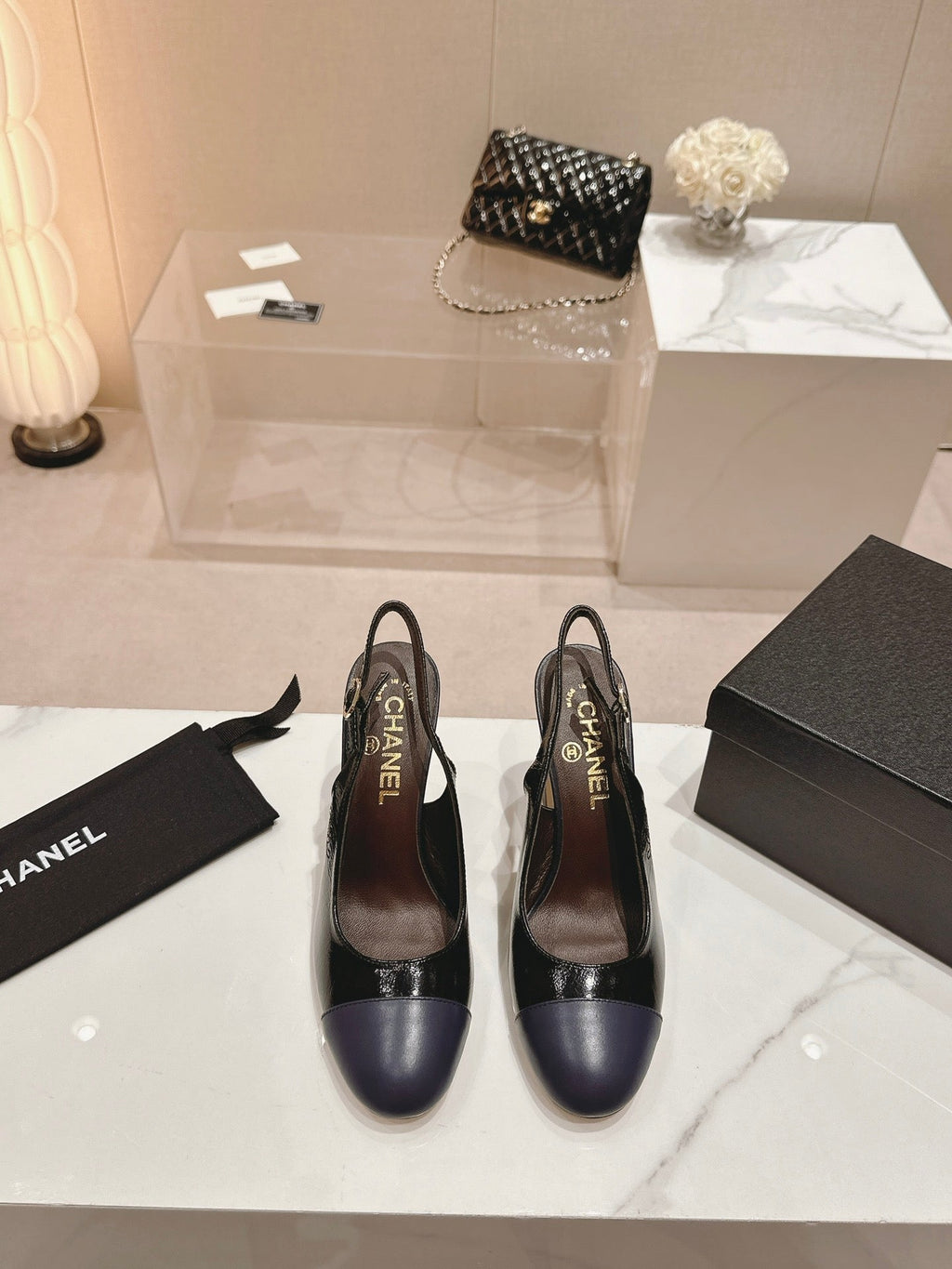 CHANEL HIGH SLINGBACKS BLACK MIX VIOLET SHEEPSKIN