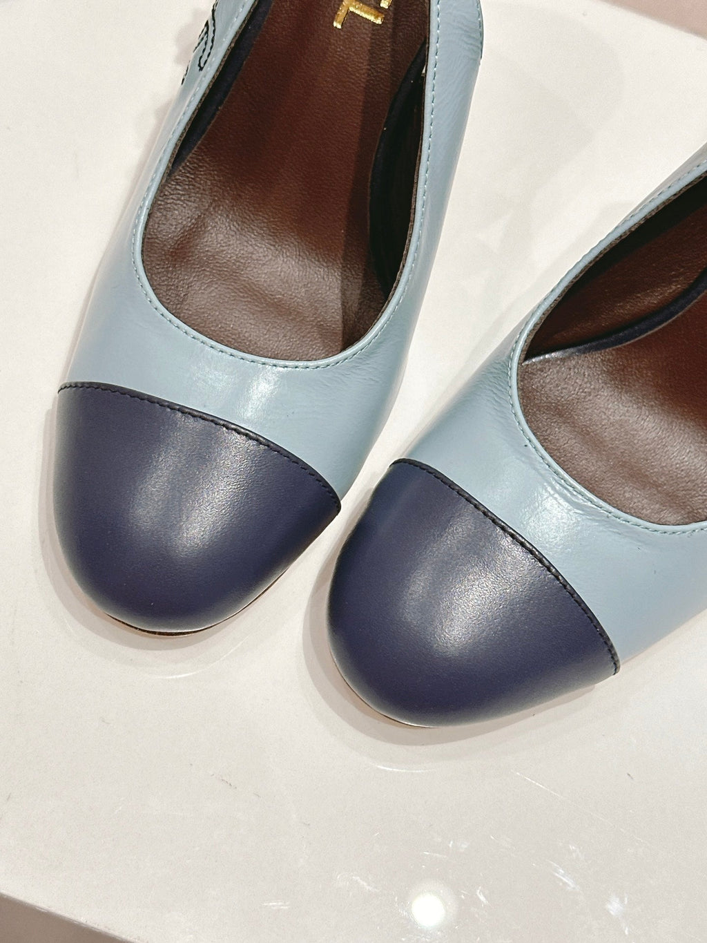 CHANEL HIGH SLINGBACKS LIGHT BLUE MIX BLACK SHEEPSKIN