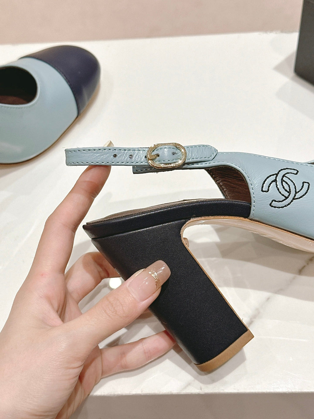 CHANEL HIGH SLINGBACKS LIGHT BLUE MIX BLACK SHEEPSKIN
