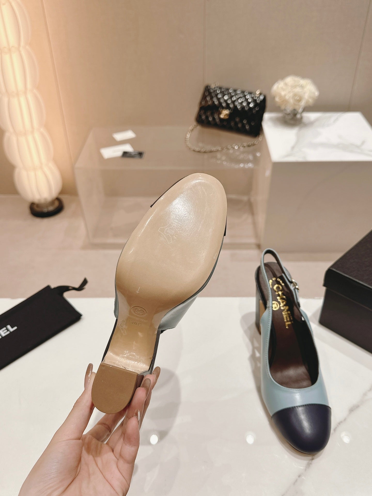 CHANEL HIGH SLINGBACKS LIGHT BLUE MIX BLACK SHEEPSKIN