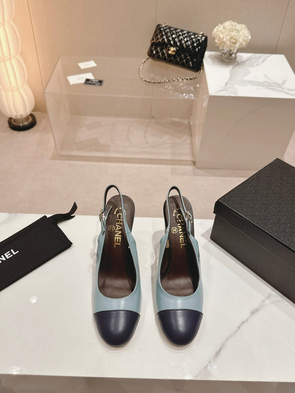 CHANEL HIGH SLINGBACKS LIGHT BLUE MIX BLACK SHEEPSKIN