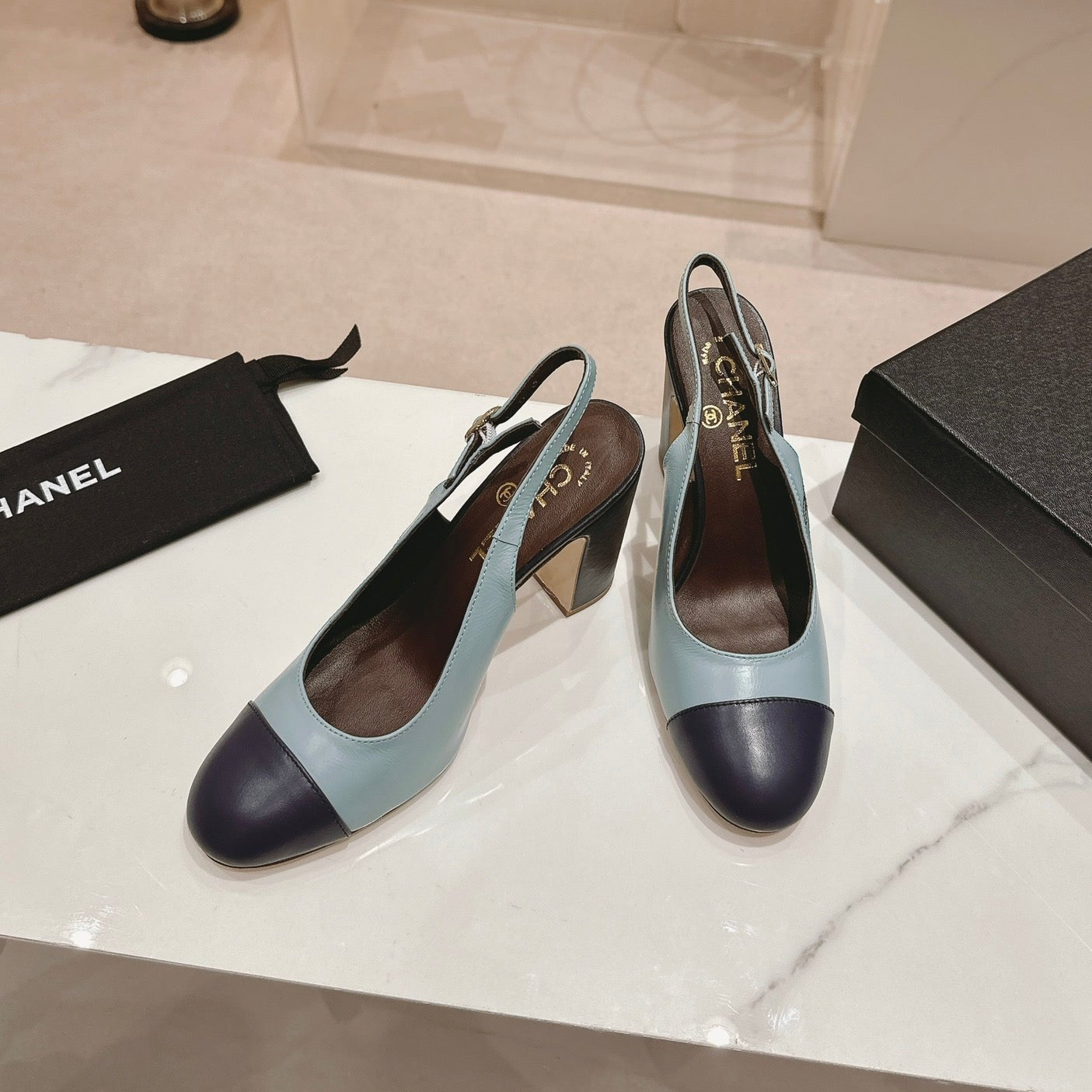 CHANEL HIGH SLINGBACKS LIGHT BLUE MIX BLACK SHEEPSKIN