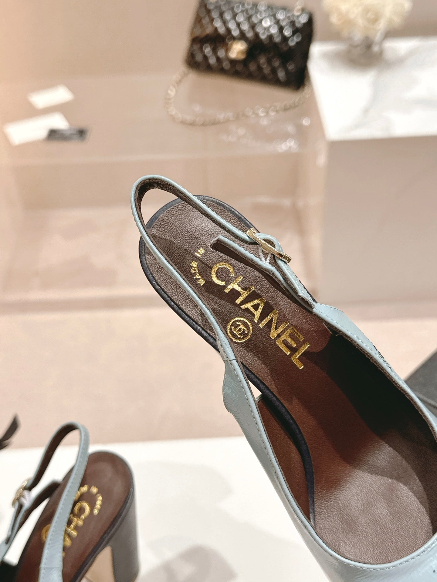 CHANEL HIGH SLINGBACKS LIGHT BLUE MIX BLACK SHEEPSKIN
