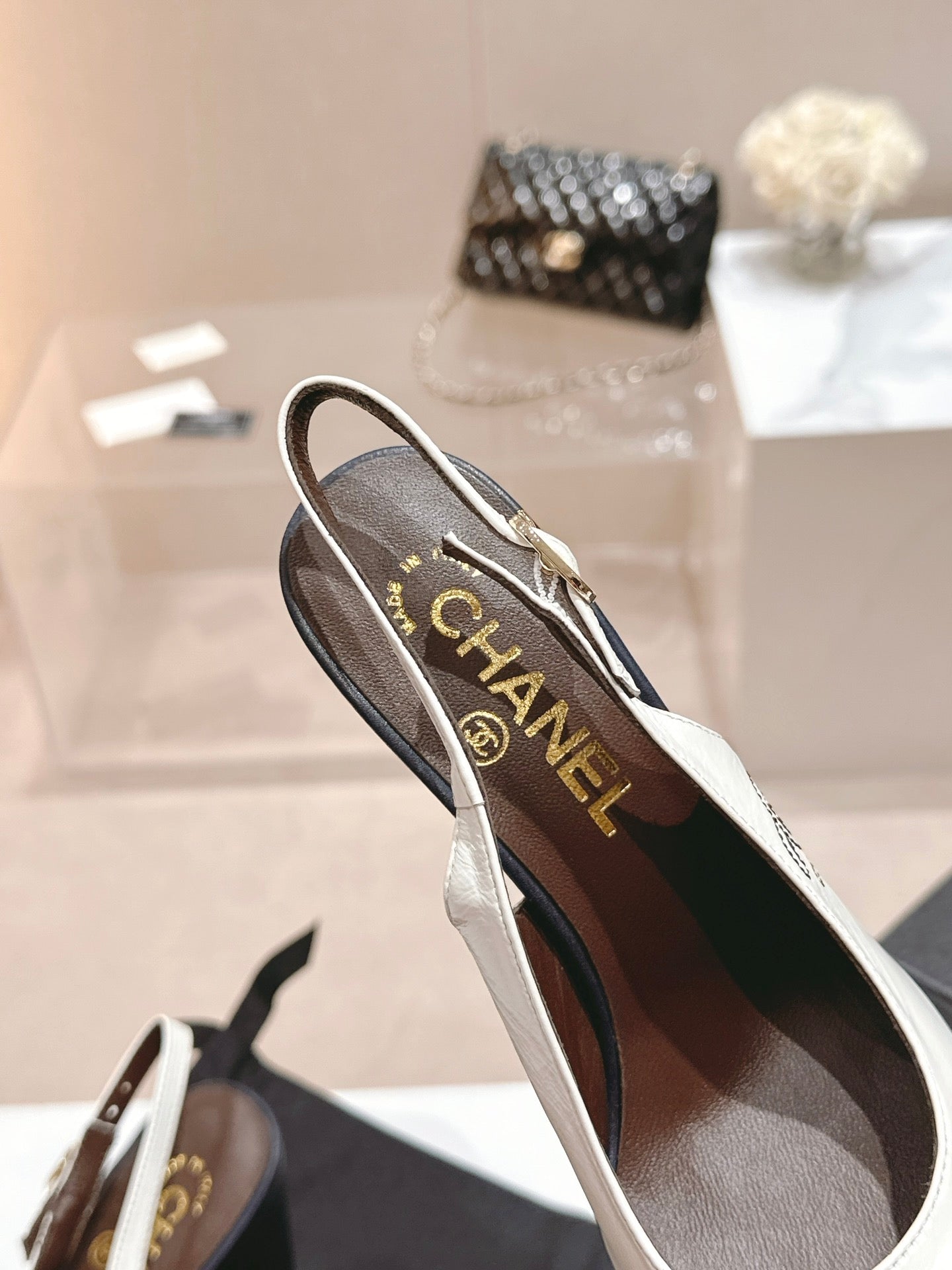 CHANEL HIGH SLINGBACKS WHITE MIX BLACK SHEEPSKIN