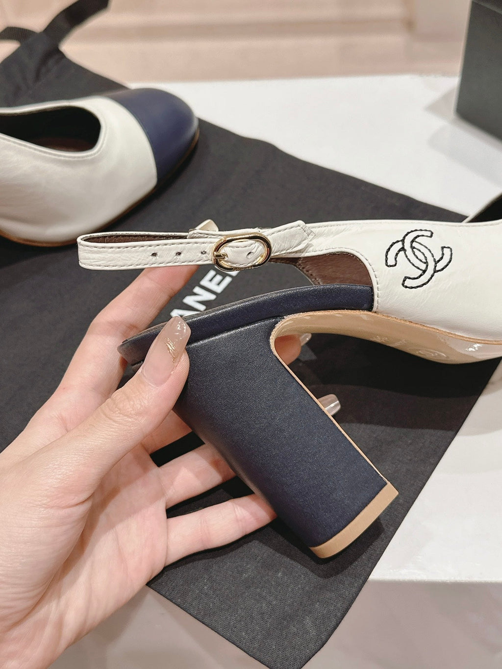 CHANEL HIGH SLINGBACKS WHITE MIX BLACK SHEEPSKIN