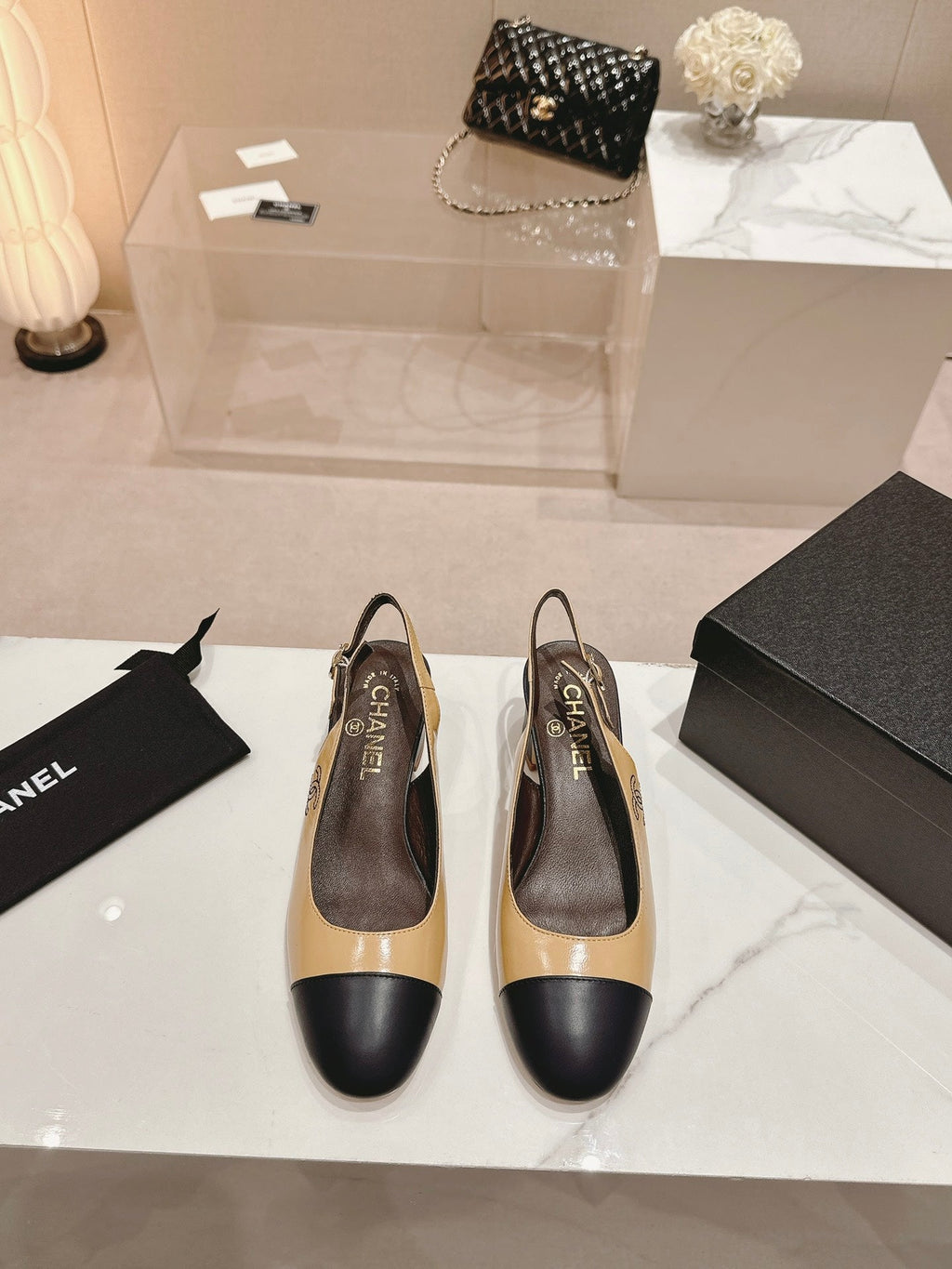 CHANEL SLINGBACKS PEANUT BROWN MIX BLACK SHEEPSKIN