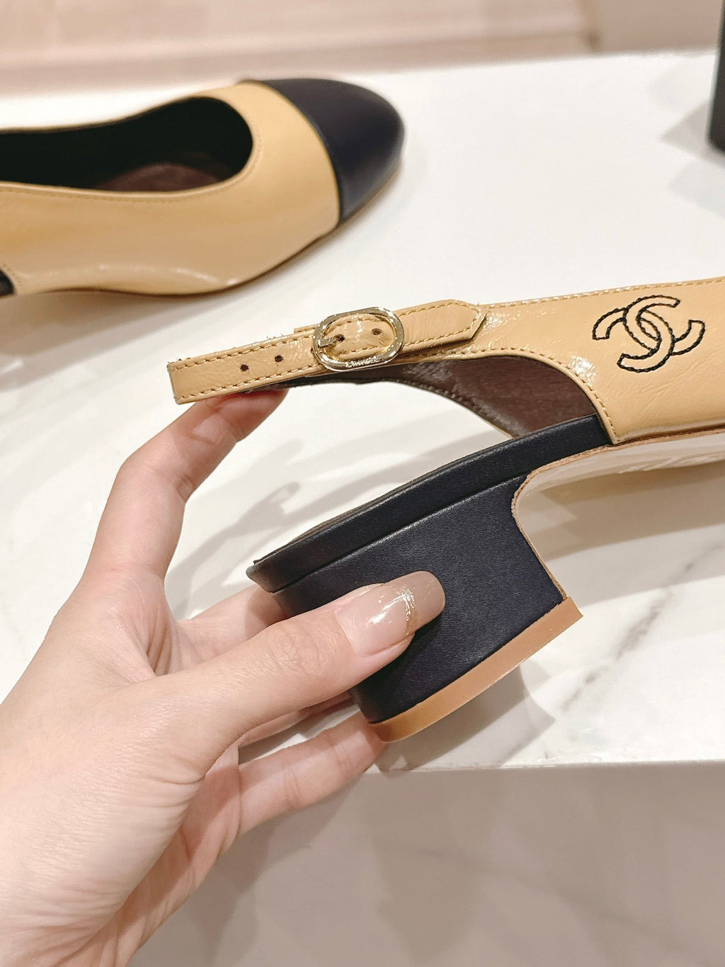 CHANEL SLINGBACKS PEANUT BROWN MIX BLACK SHEEPSKIN