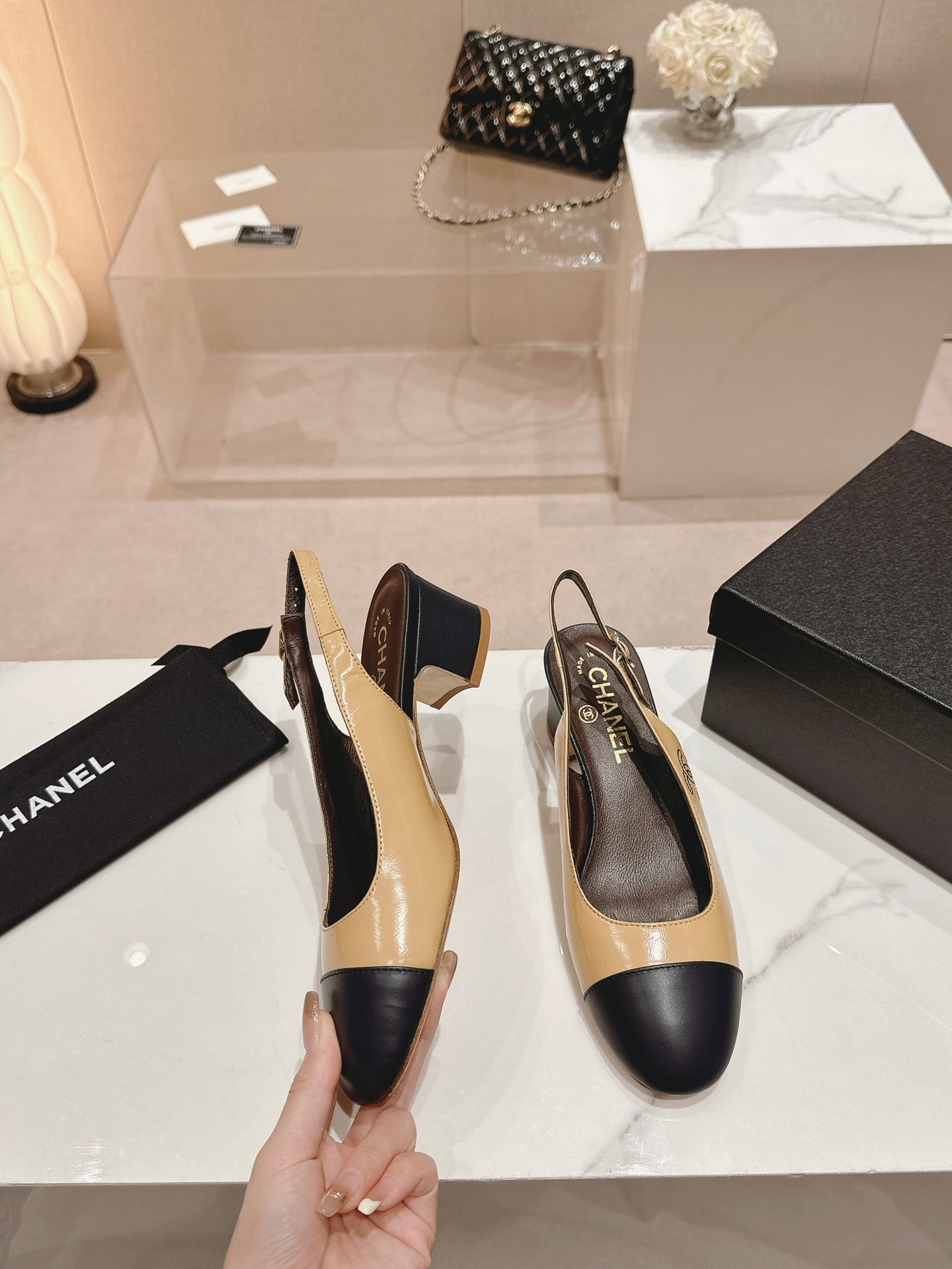 CHANEL SLINGBACKS PEANUT BROWN MIX BLACK SHEEPSKIN