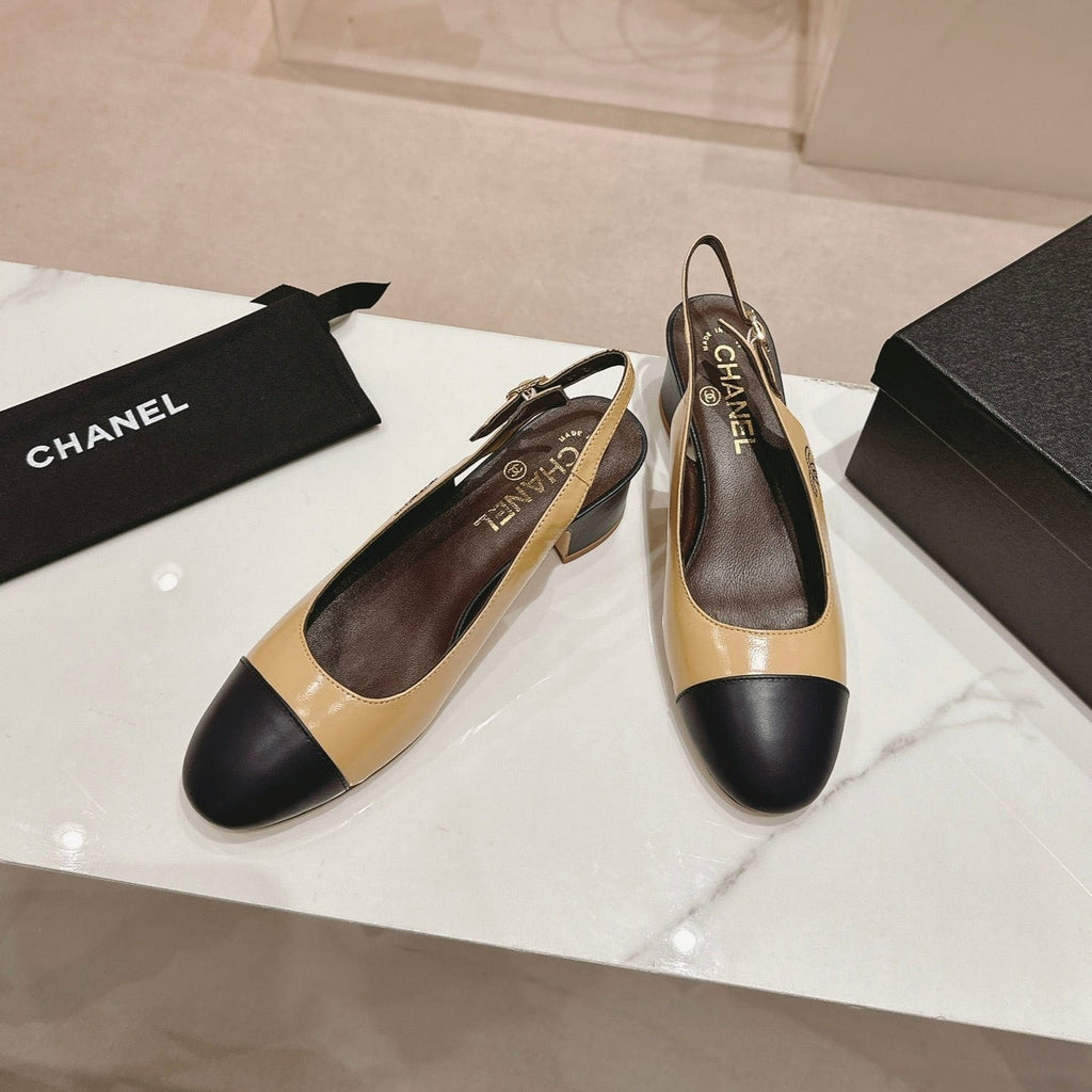 CHANEL SLINGBACKS PEANUT BROWN MIX BLACK SHEEPSKIN