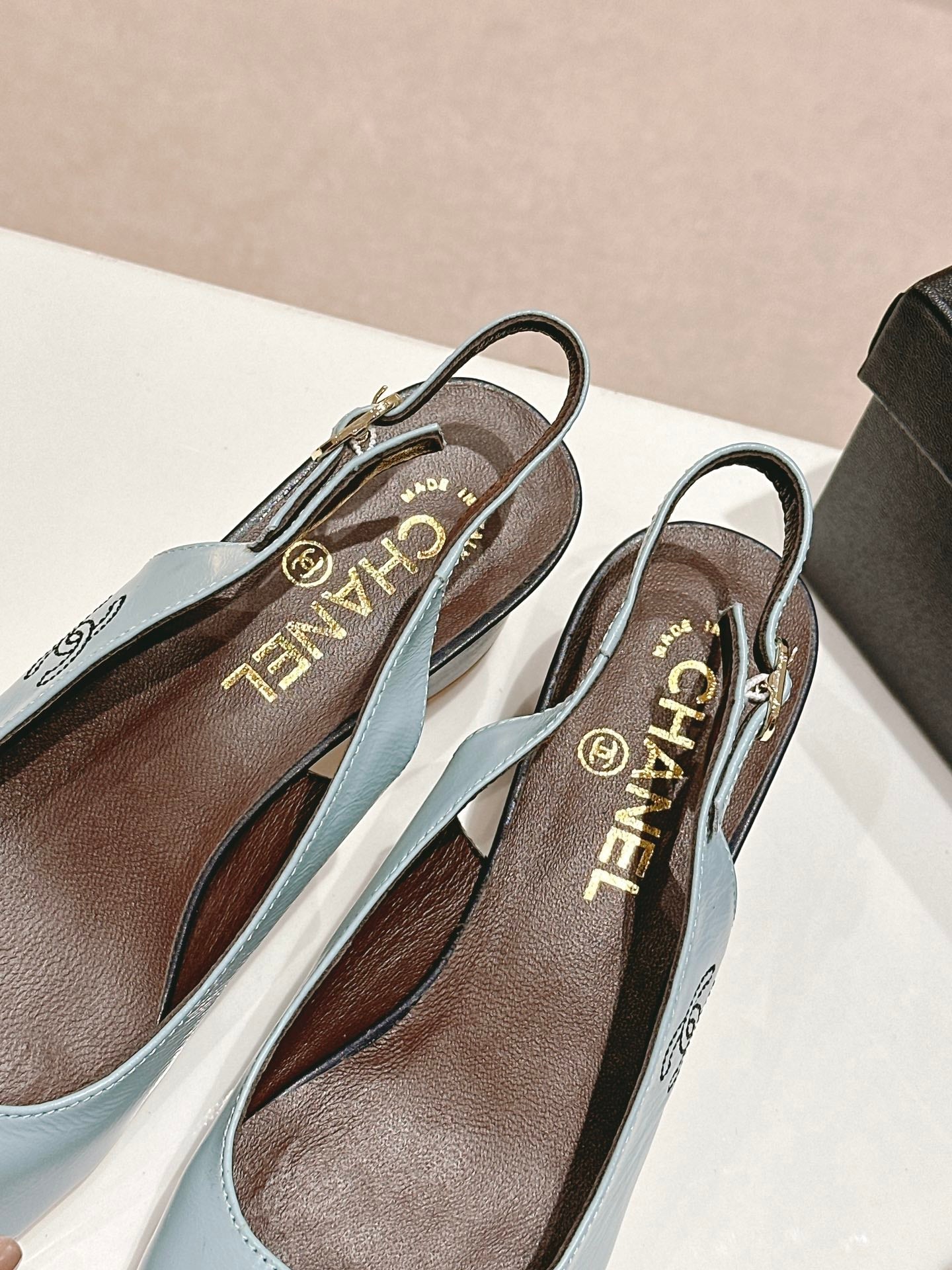 CHANEL SLINGBACKS LIGHT BLUE MIX BLACK SHEEPSKIN