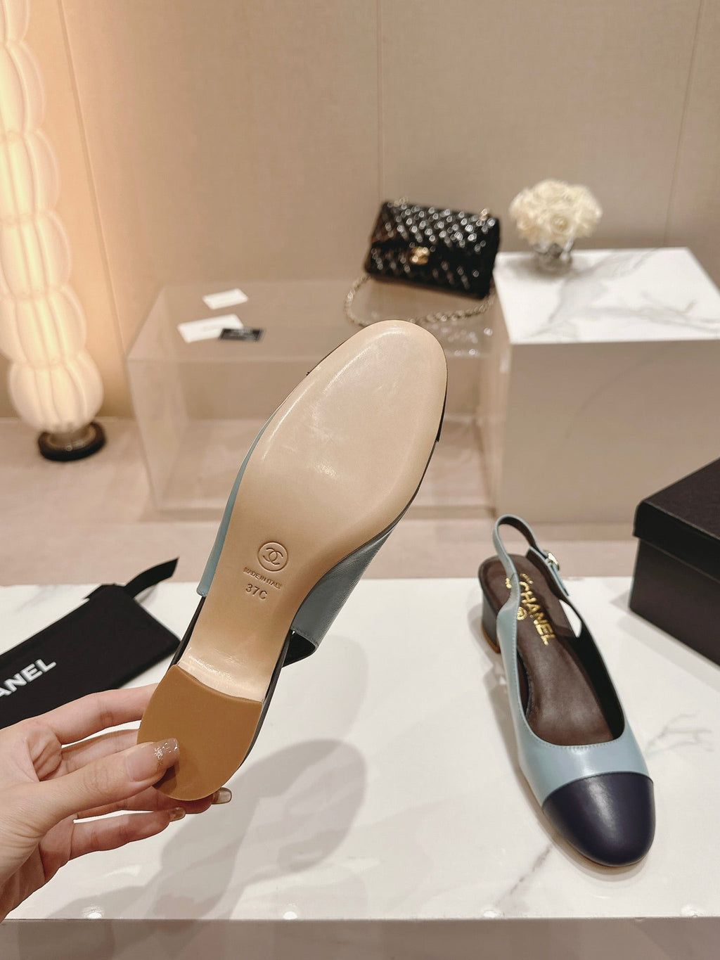 CHANEL SLINGBACKS LIGHT BLUE MIX BLACK SHEEPSKIN