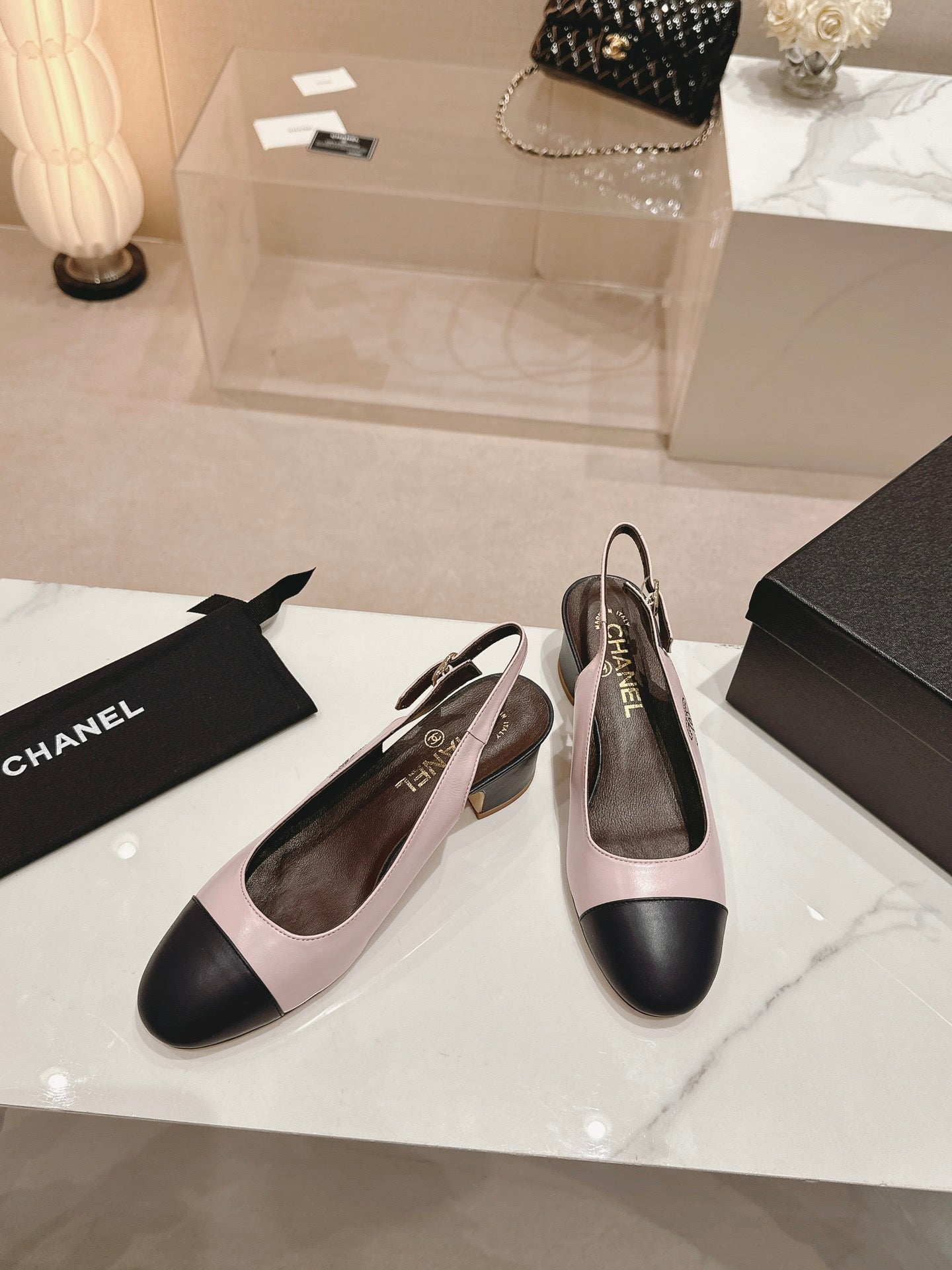CHANEL SLINGBACKS LIGHT PINK MIX BLACK SHEEPSKIN