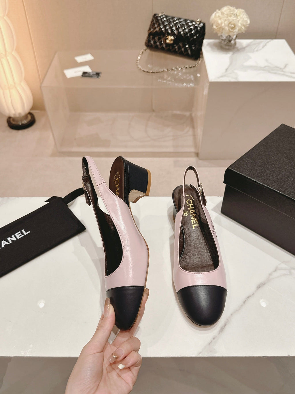 CHANEL SLINGBACKS LIGHT PINK MIX BLACK SHEEPSKIN