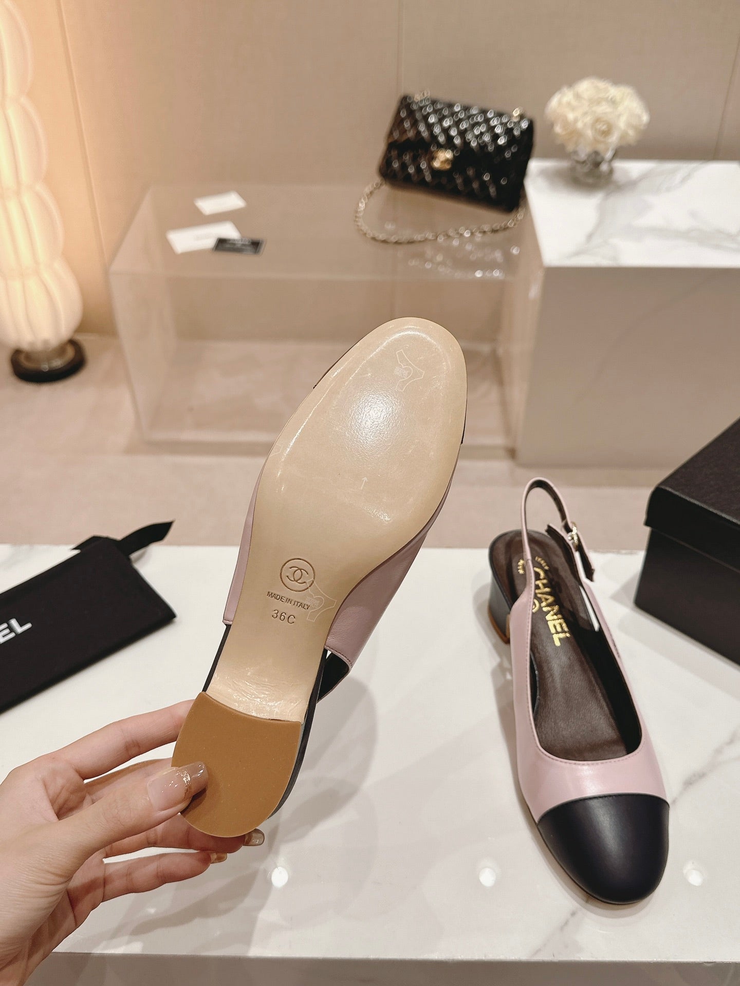 CHANEL SLINGBACKS LIGHT PINK MIX BLACK SHEEPSKIN