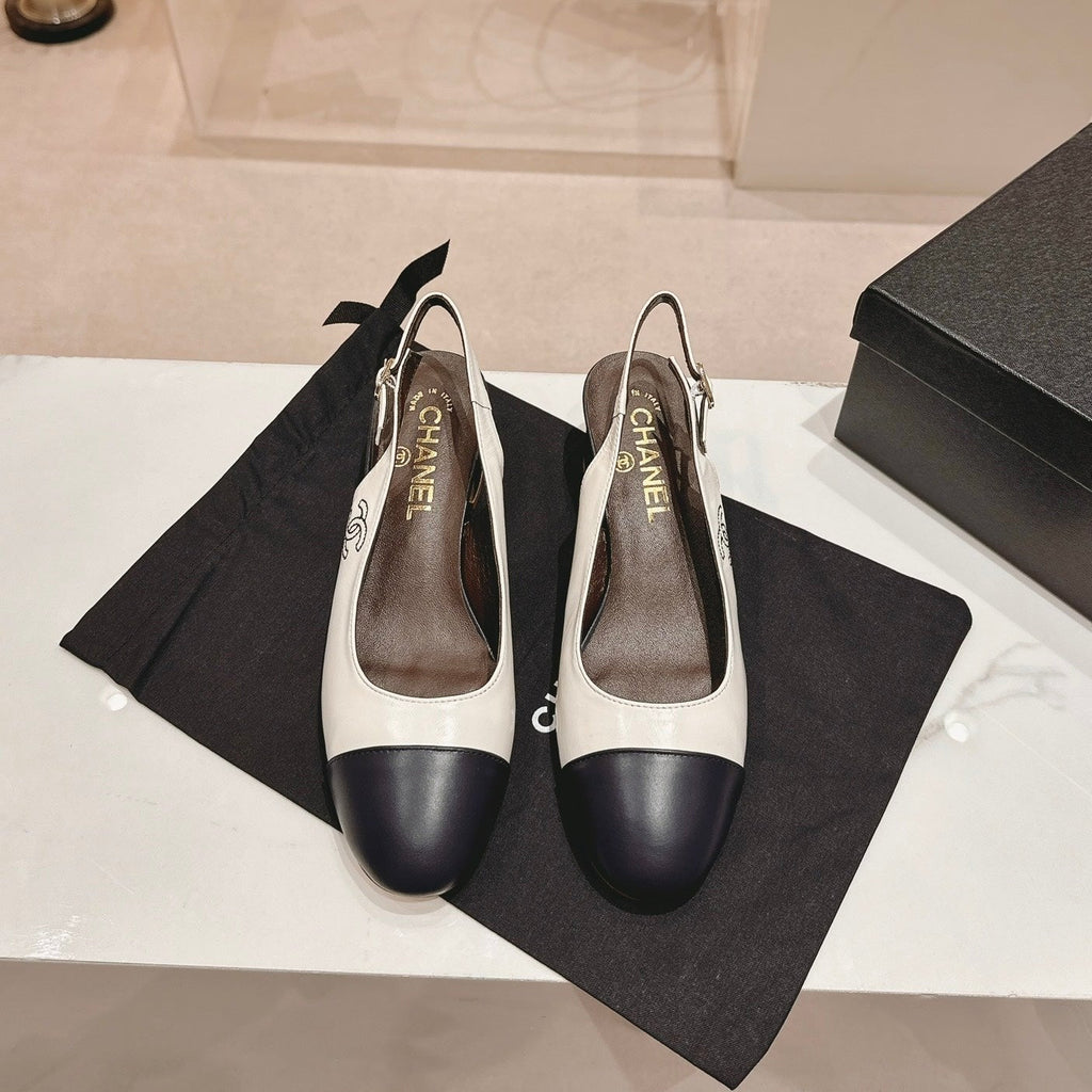 CHANEL SLINGBACKS WHITE MIX BLACK SHEEPSKIN