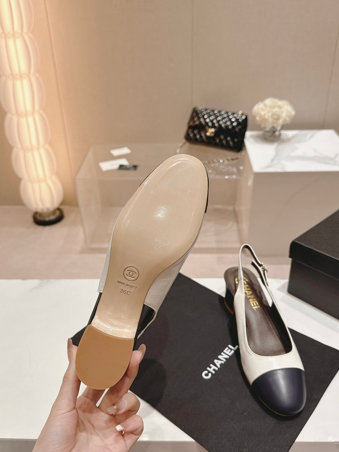 CHANEL SLINGBACKS WHITE MIX BLACK SHEEPSKIN