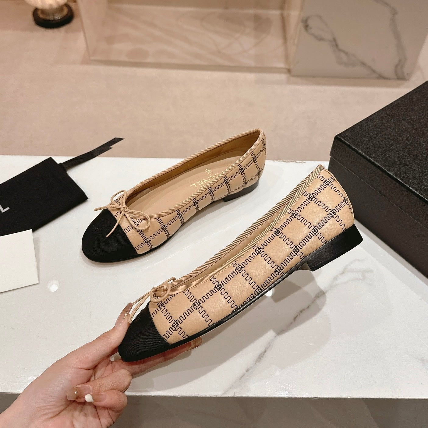 CHANEL Double C New Ballet Flats Dark Cream Black Lambskin