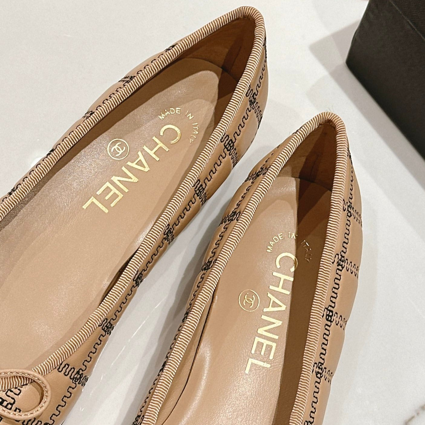 CHANEL Double C New Ballet Flats Dark Cream Black Lambskin