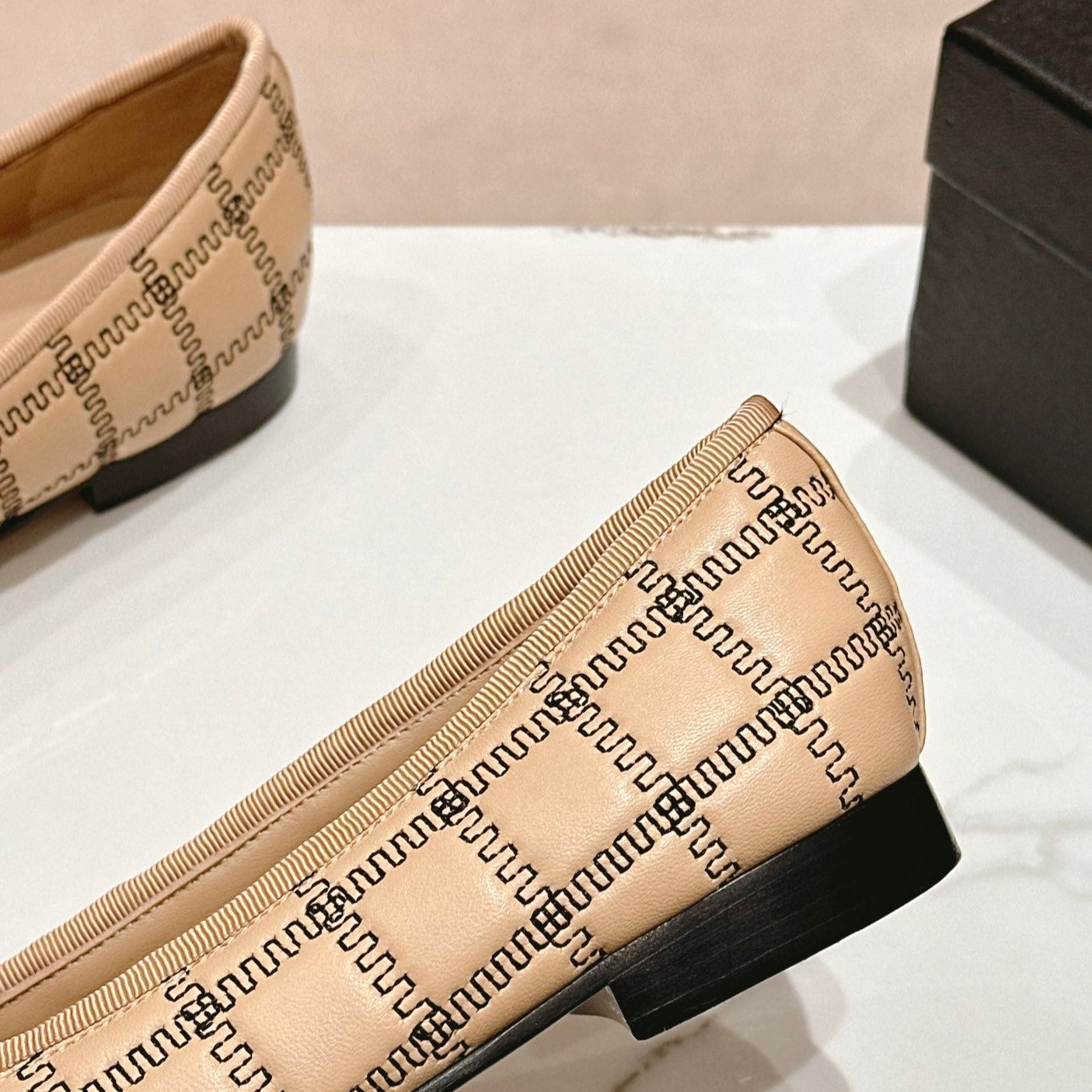 CHANEL Double C New Ballet Flats Dark Cream Black Lambskin