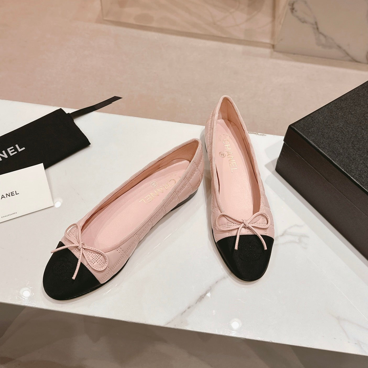 CHANEL Double C New Ballet Flats Light Pink Black Lambskin