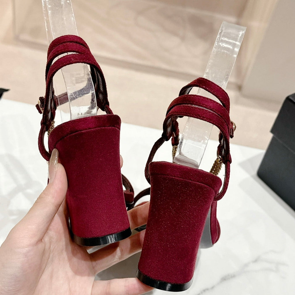 CHANEL Double C Leather High Heel Sandals Red Cherry