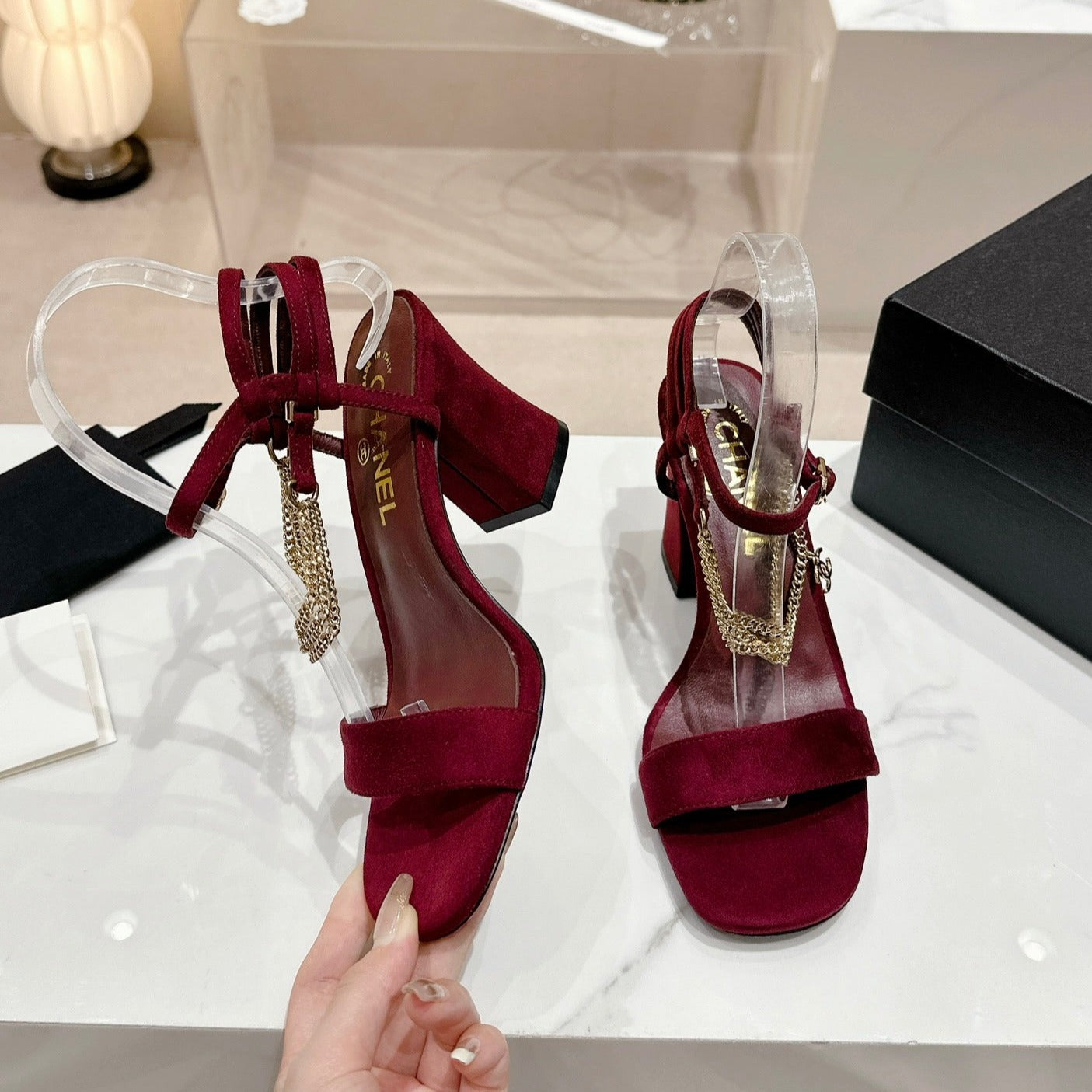 CHANEL Double C Leather High Heel Sandals Red Cherry