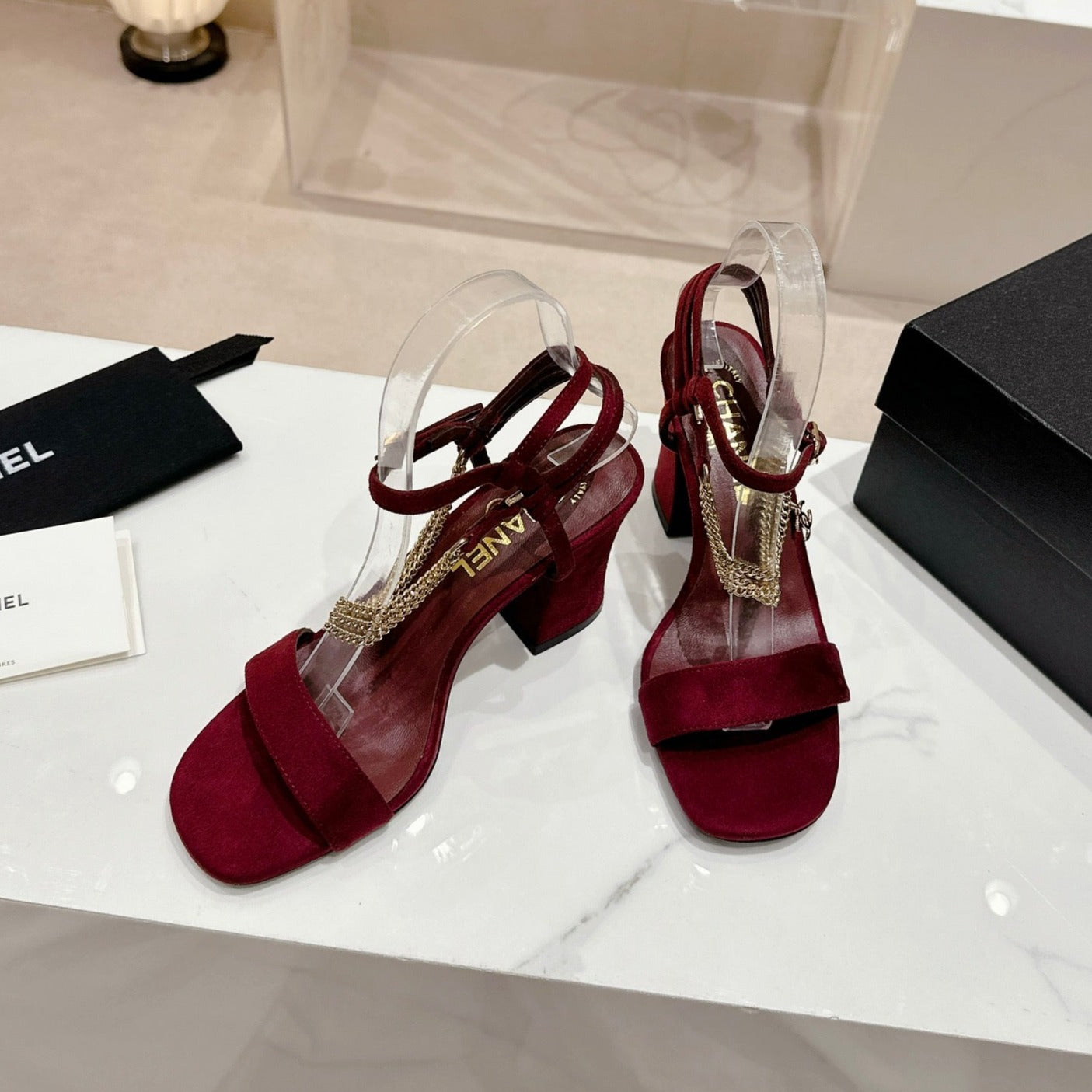 CHANEL Double C Leather High Heel Sandals Red Cherry