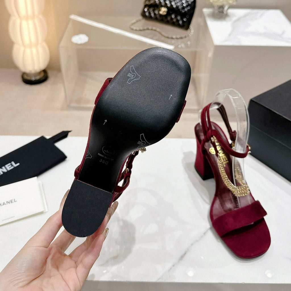 CHANEL Double C Leather High Heel Sandals Red Cherry