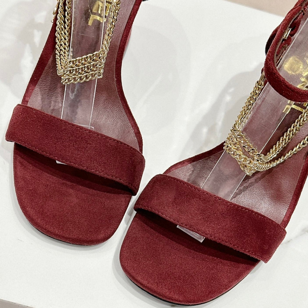 CHANEL Double C Leather High Heel Sandals Red Cherry