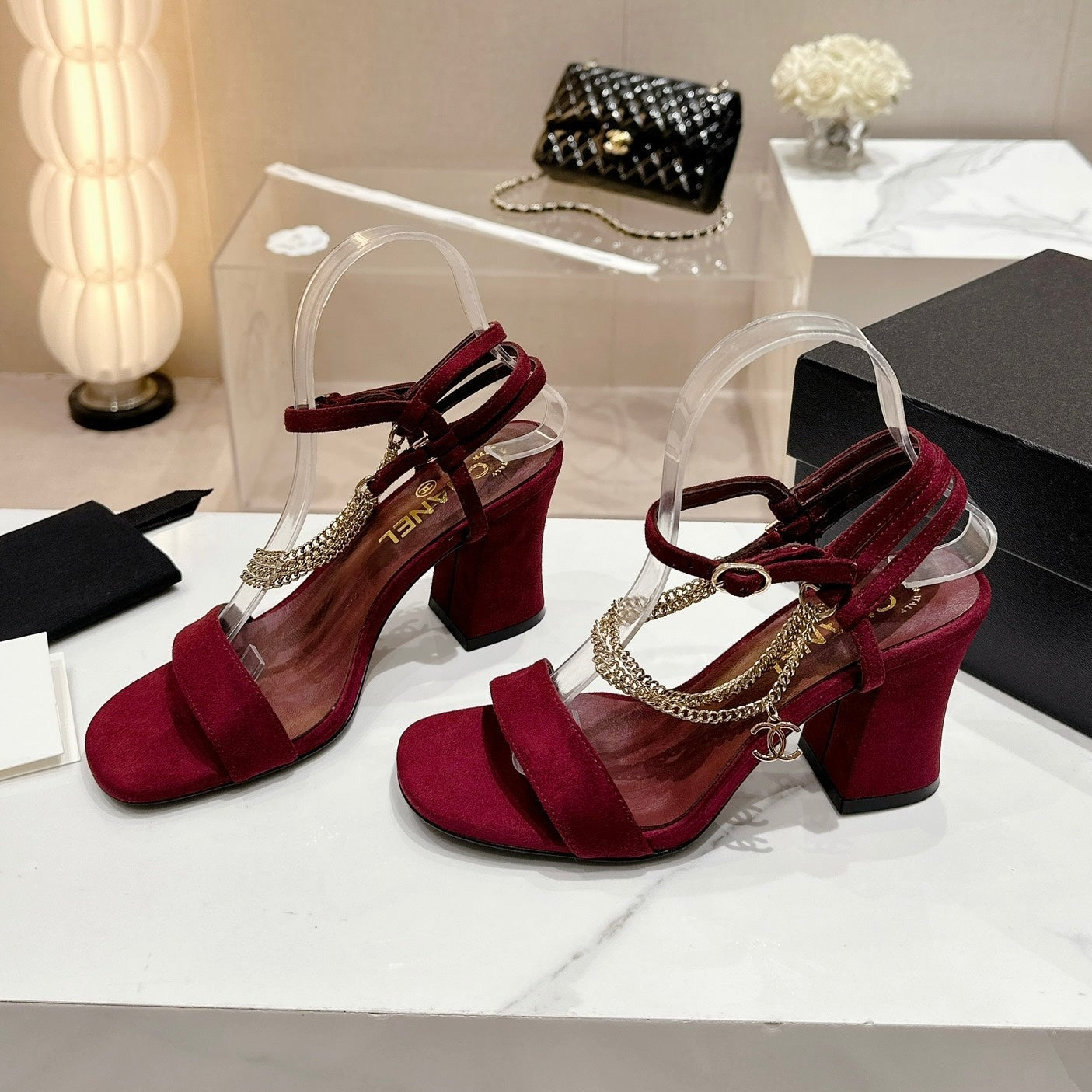CHANEL Double C Leather High Heel Sandals Red Cherry