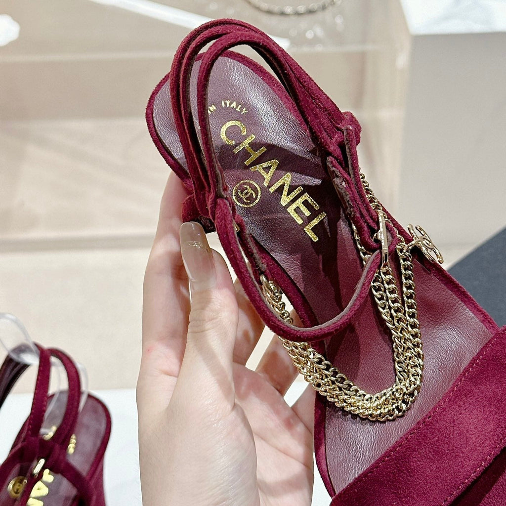 CHANEL Double C Leather High Heel Sandals Red Cherry