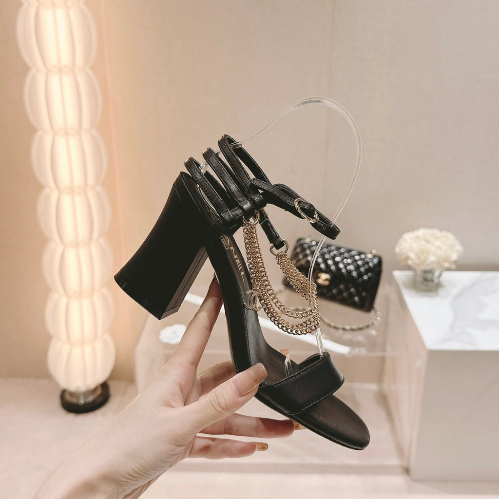 CHANEL Double C Leather High Heel Sandals Black