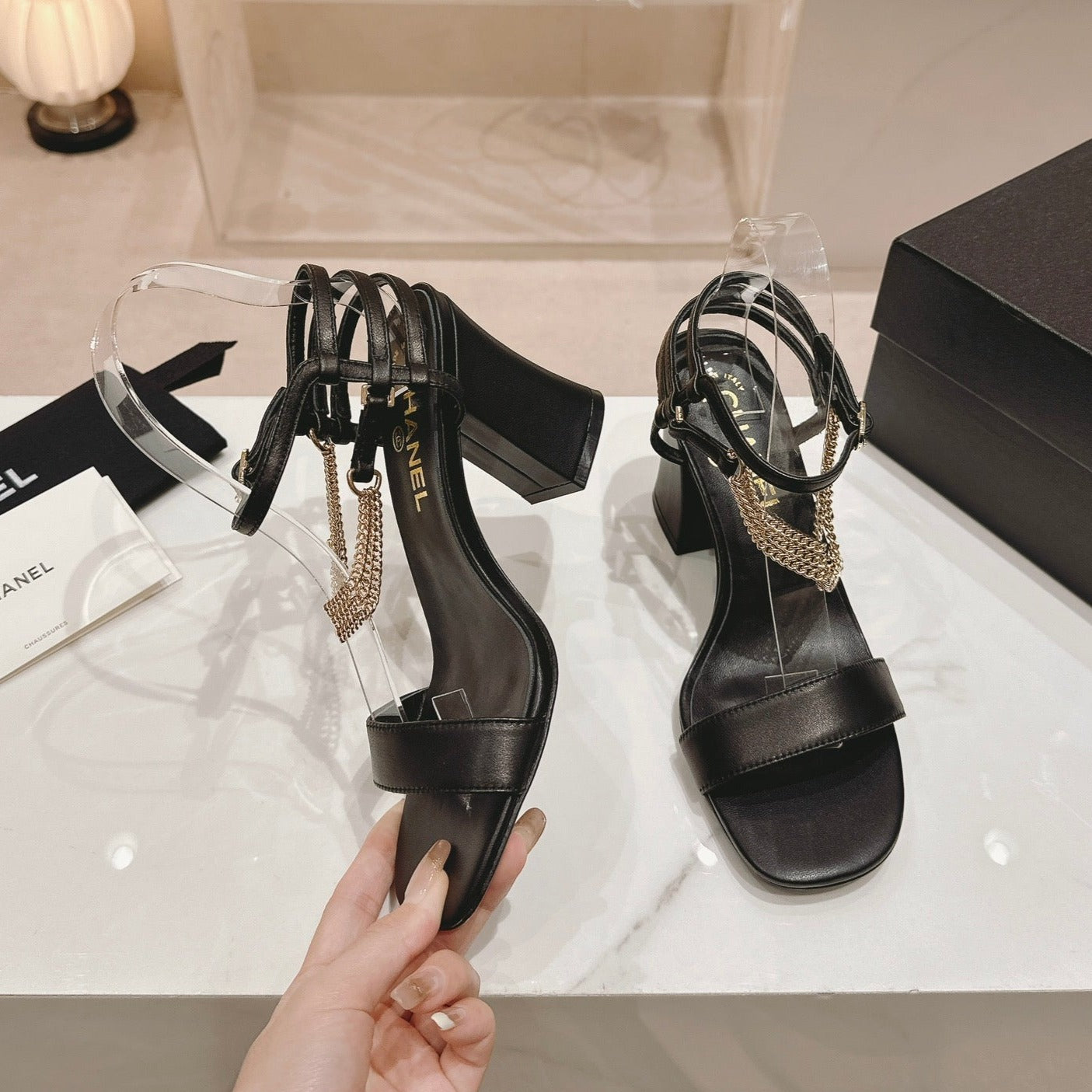 CHANEL Double C Leather High Heel Sandals Black