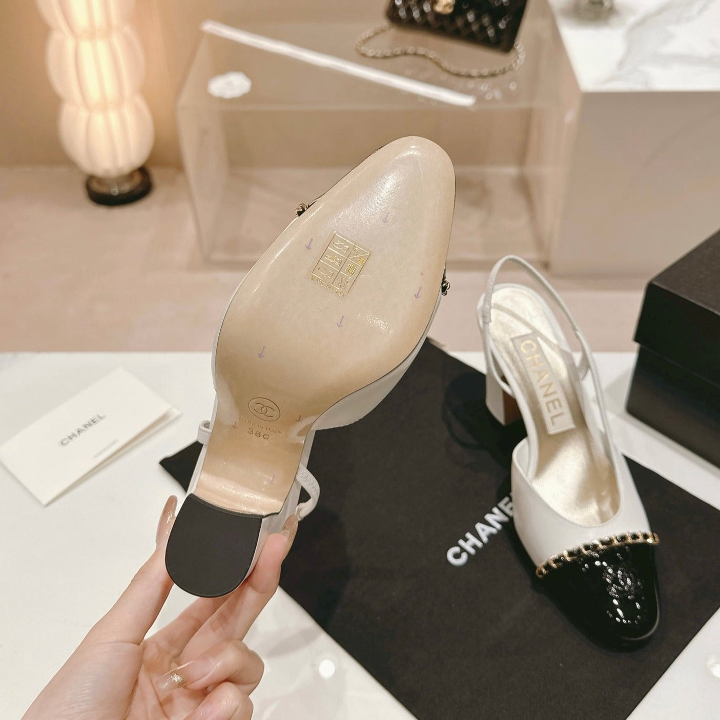 CHANEL Double C Leather High Heel Sandals White