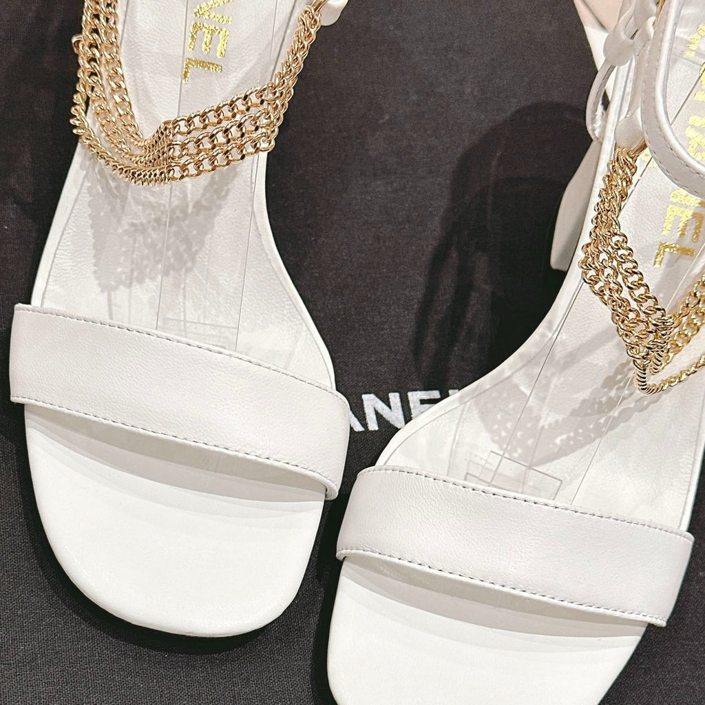 CHANEL Double C Leather High Heel Sandals White